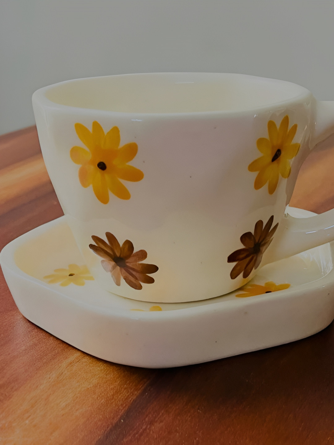 Your Local Store White & Yellow 2 Pieces Printed Ceramic Glossy Cups and Saucers 230 ml