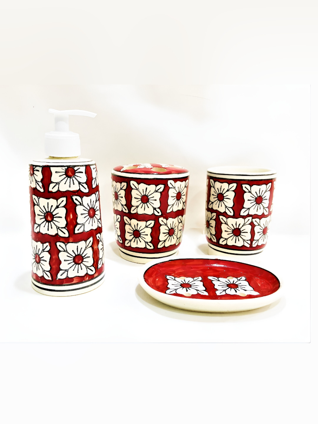 Your Local Store Red & White 4 Pieces Floral Printed Ceramic Bathroom Accessories Set