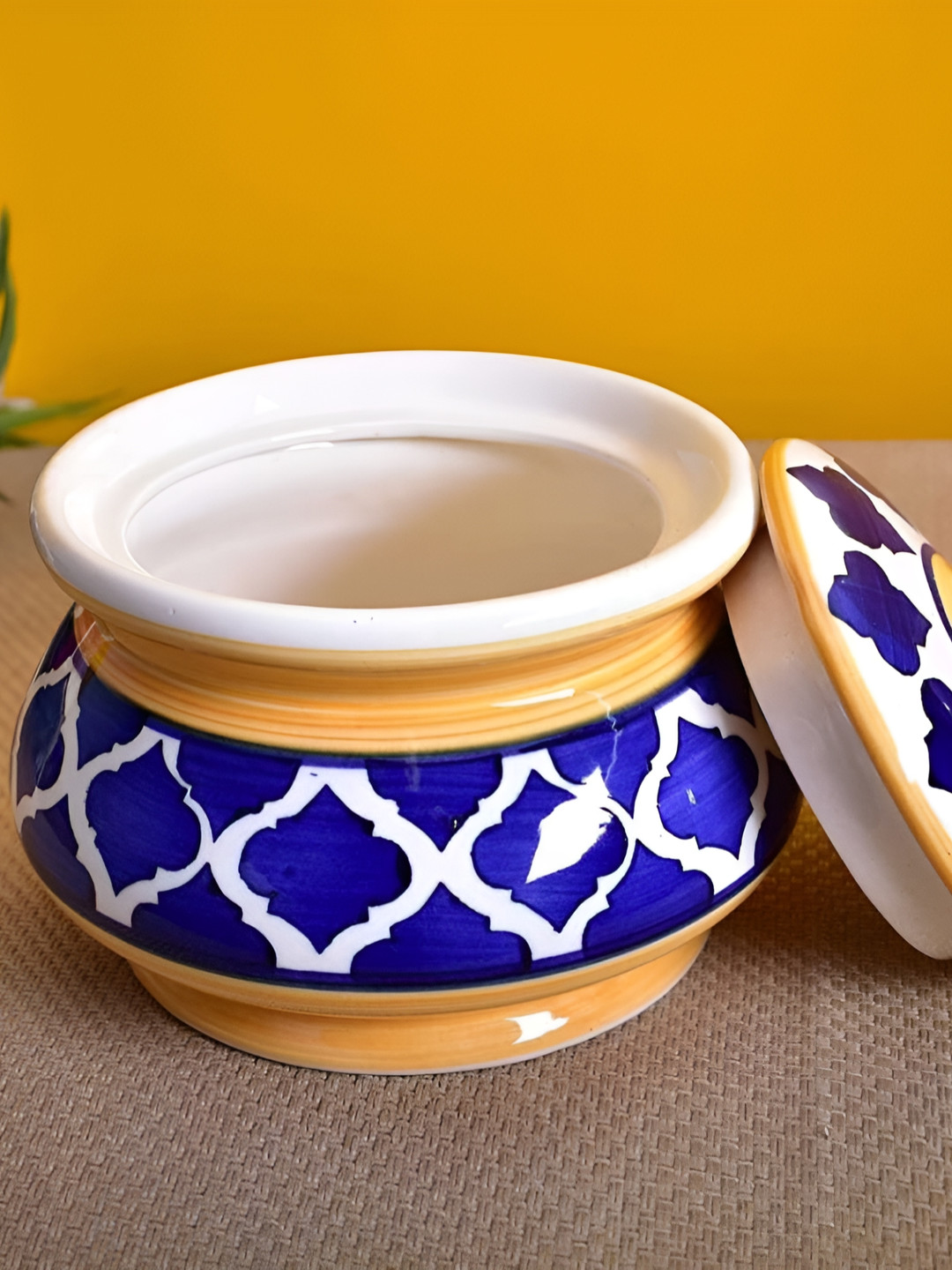 Your Local Store White & Blue Ceramic Easy to Clean Serving Handi With Lid