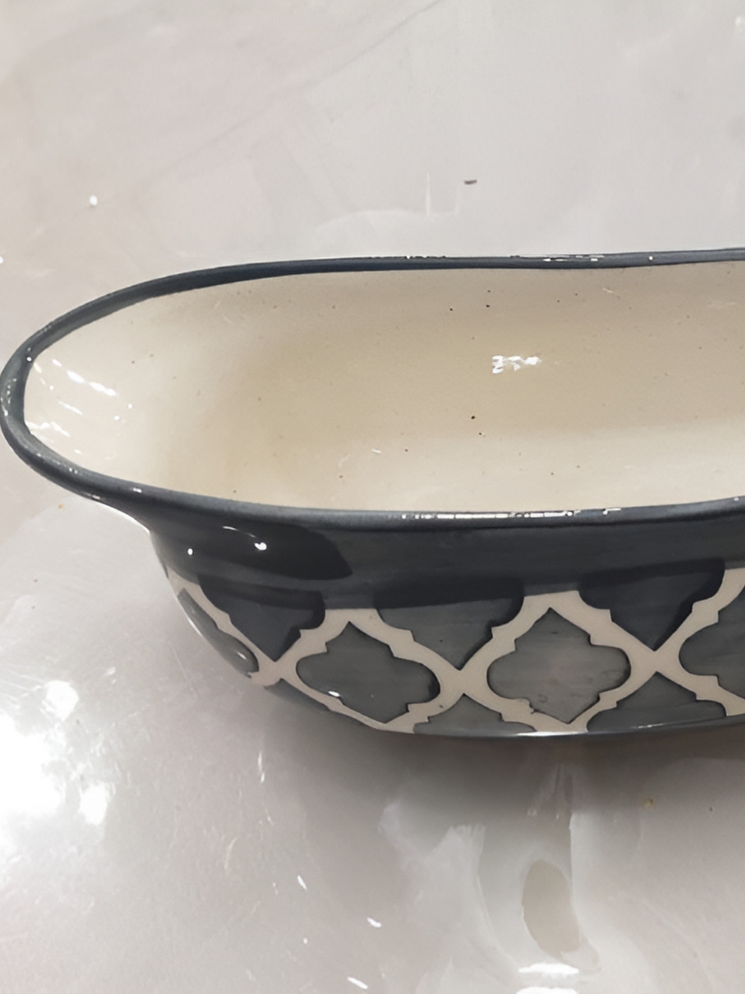 Your Local Store Grey & Off White Ethnic Motifs Printed Ceramic Glossy Serving Tray