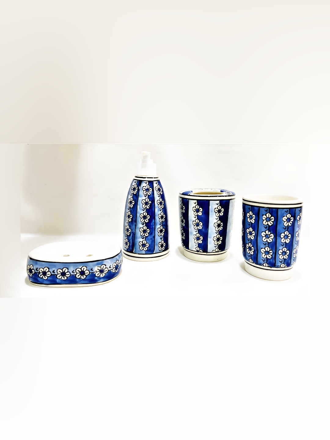Your Local Store Blue & White 4 Pieces Floral Printed Ceramic Bathroom Accessories Set