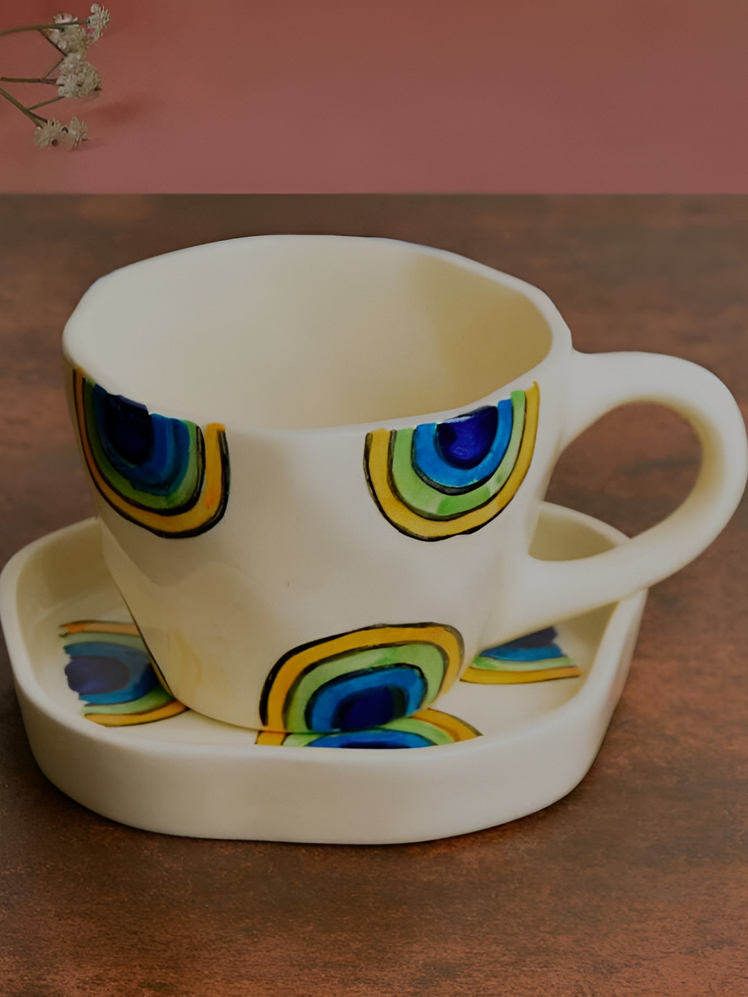 Your Local Store White & Blue 2 Pieces Printed Ceramic Glossy Cup and Saucer 230 ml
