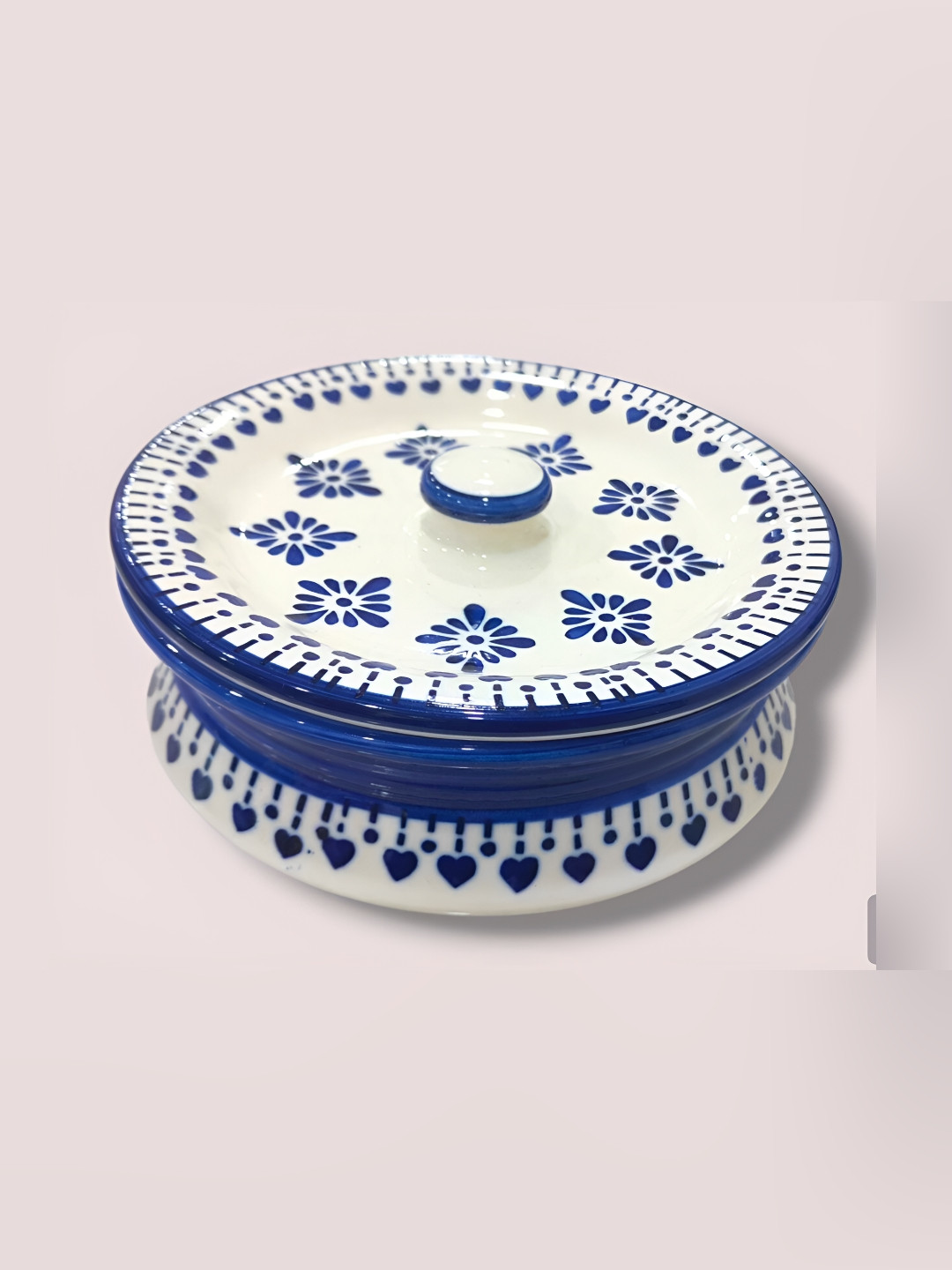 Your Local Store White & Blue Ceramic Easy to Clean Serving Handi With Lid