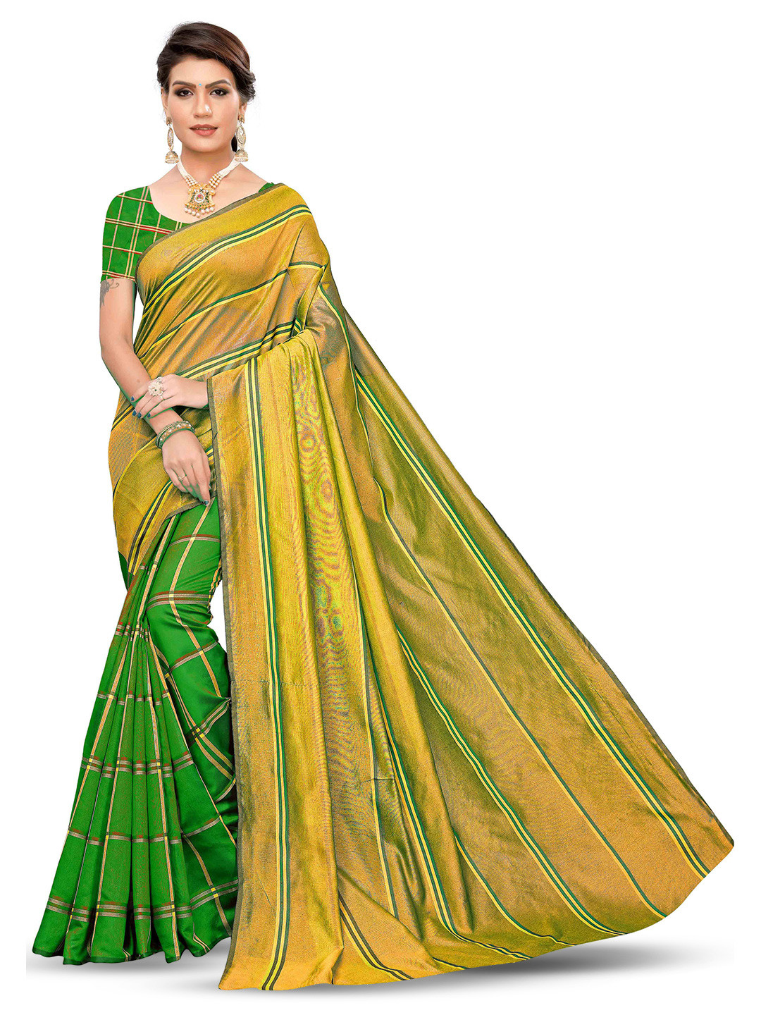 MANVAA Checked Design Zari Cotton Silk Banarasi Saree