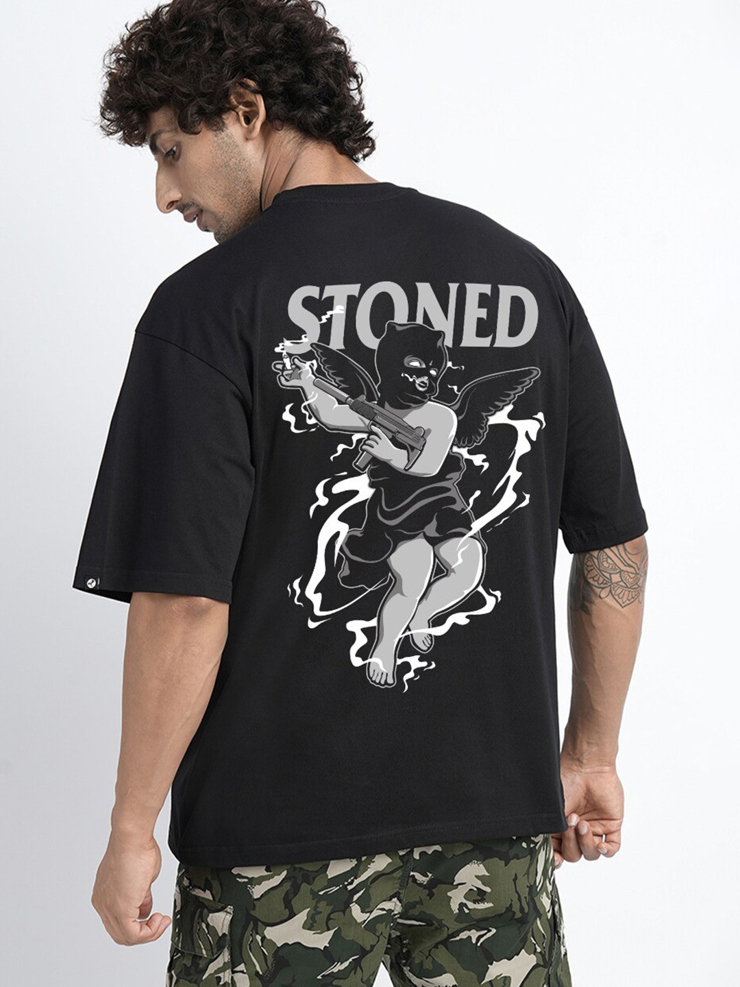 PRONK Round Neck Drop Down Shoulder Graphic Printed Cotton T-shirt