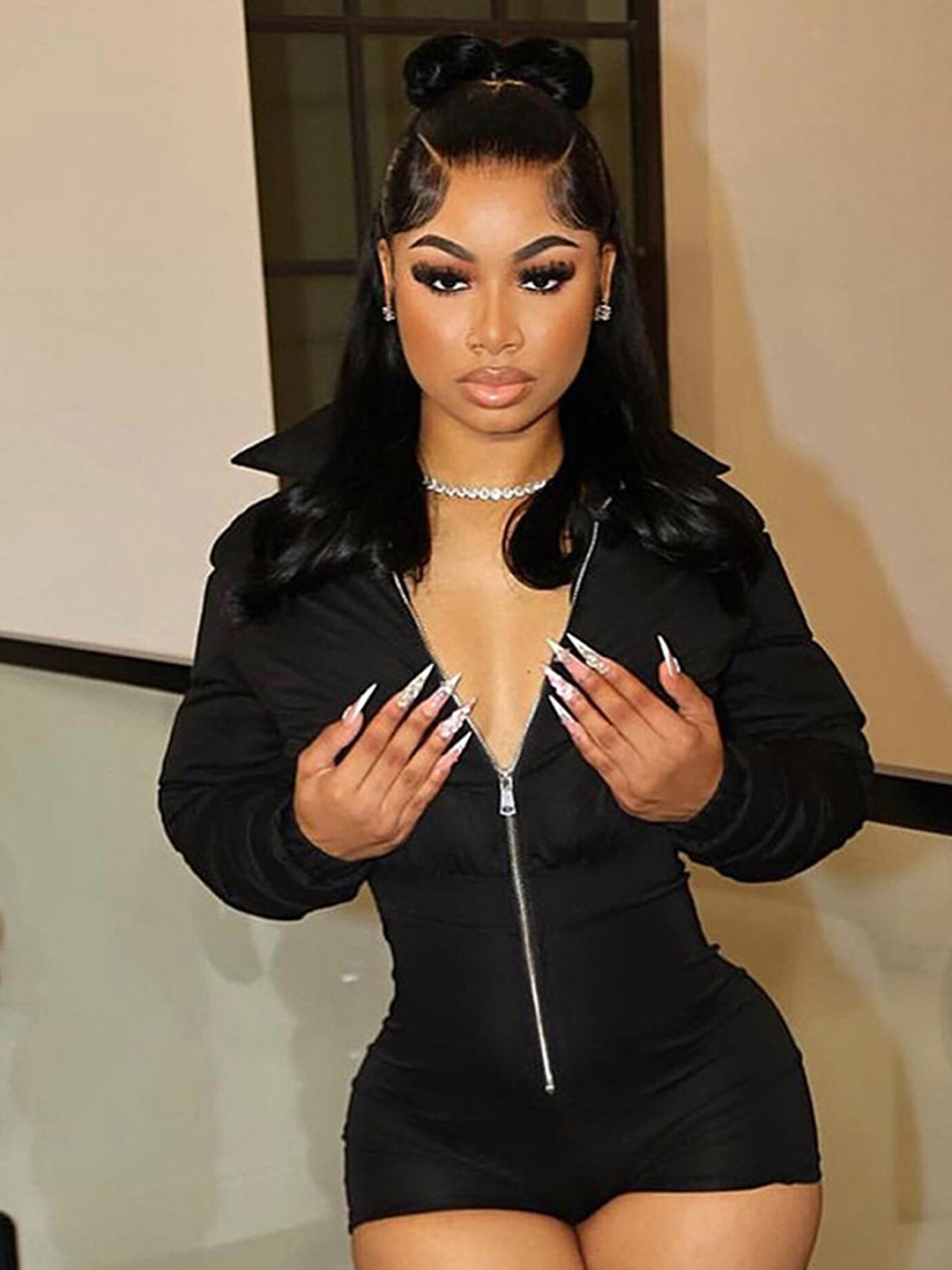 LULU & SKY Zip-up Front Shirt Collar Fitted Playsuit