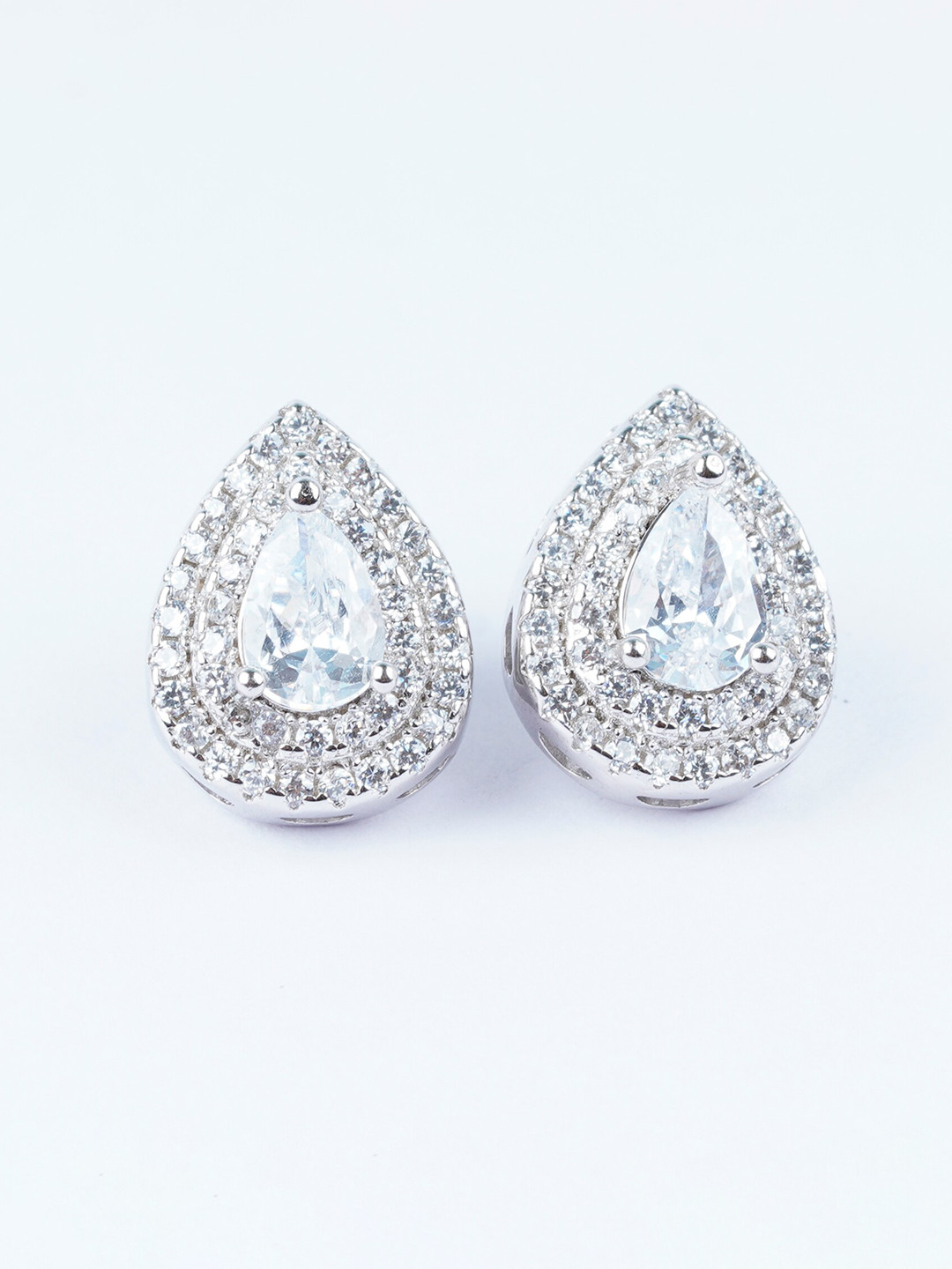 925 SILLER 925 Sterling Silver Rhodium-Plated Zircon Teardrop Shaped Stud Earrings