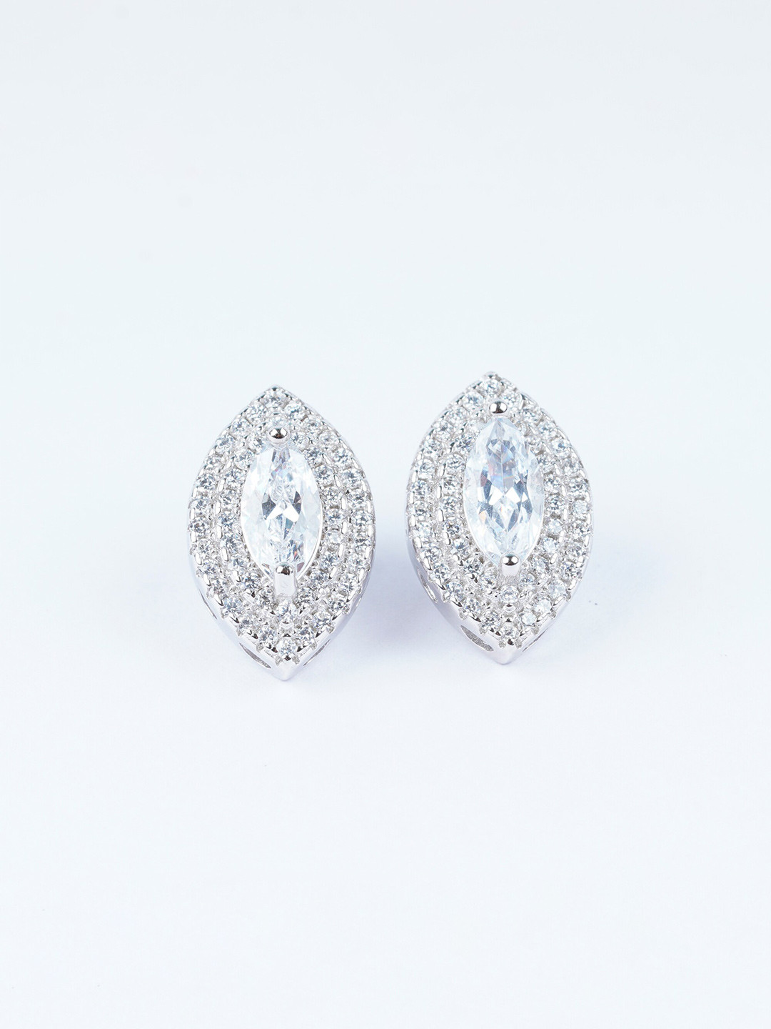 925 SILLER 925 Sterling Silver Rhodium-Plated Zircon Leaf Shaped Stud Earrings