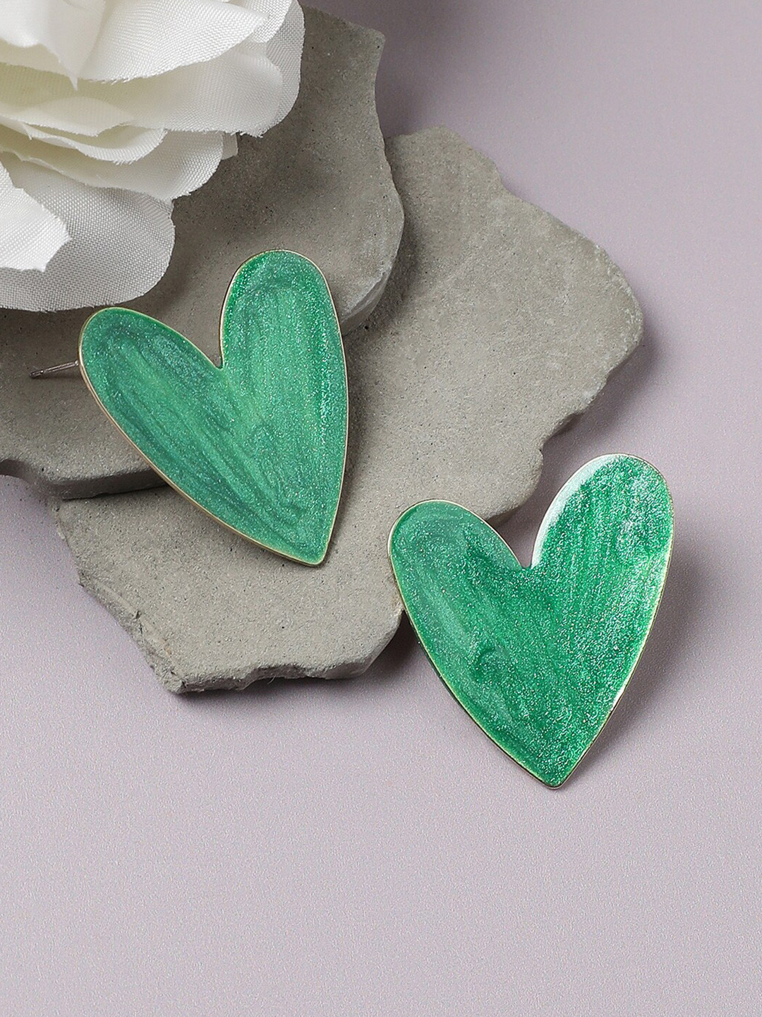 DressBerry Green Gold Plated Heart Shaped Stud Earrings