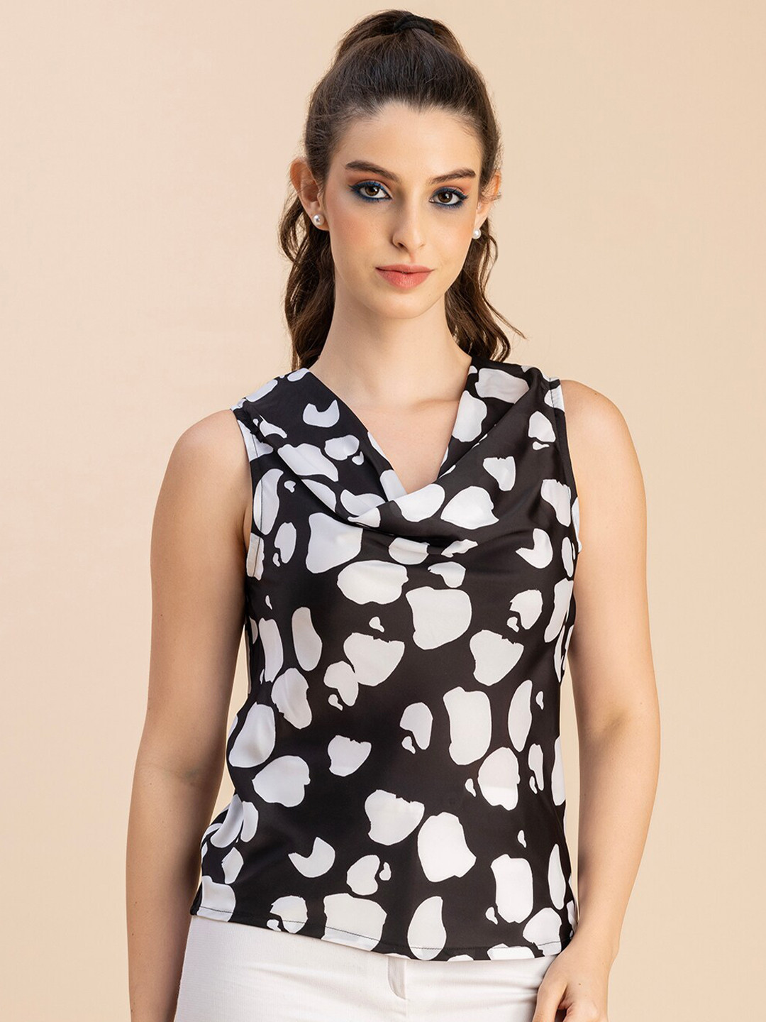 Moomaya Cowl Neck Abstract Printed Satin Crepe Top