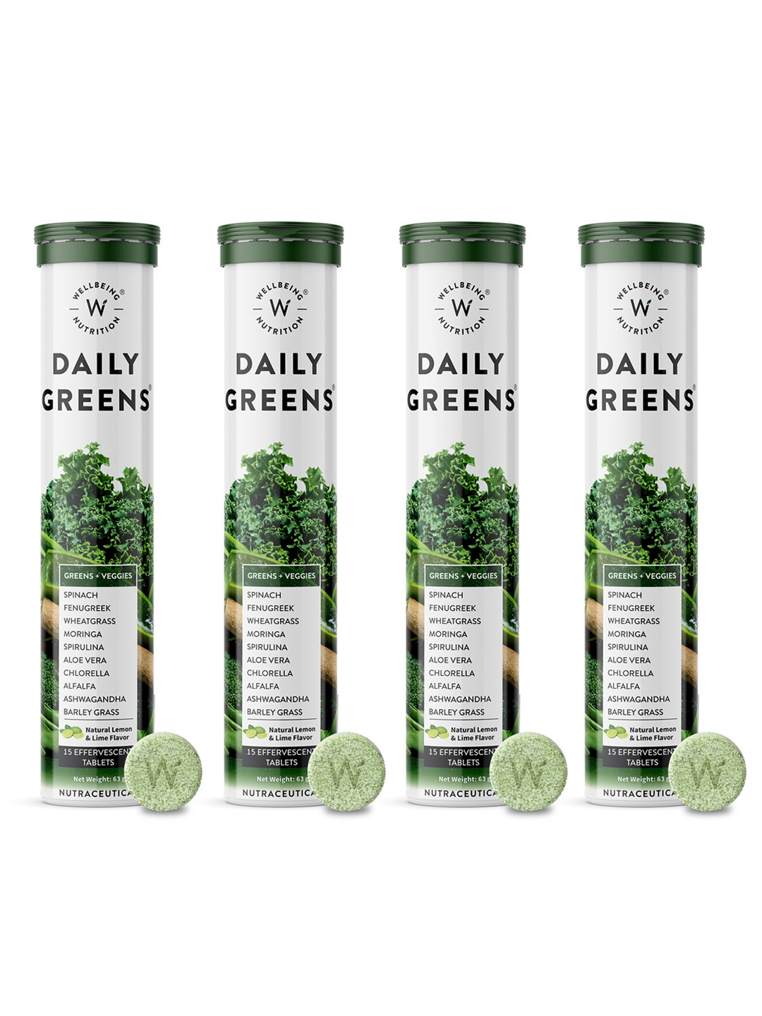 Wellbeing Nutrition Set Of 4 Daily Greens Wholefood Effervescent Tablets - 15 Tablets Each