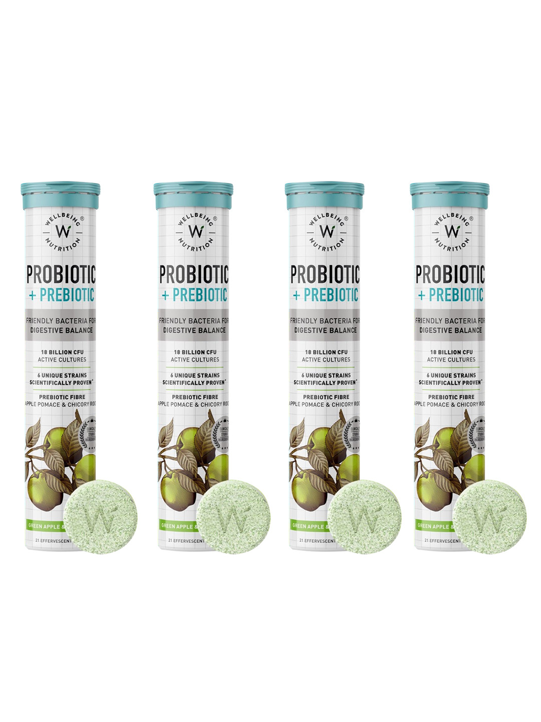 Wellbeing Nutrition Set Of 4 Green Apple Probiotic & Prebiotic Fibre Tablets - 21 Pcs Each