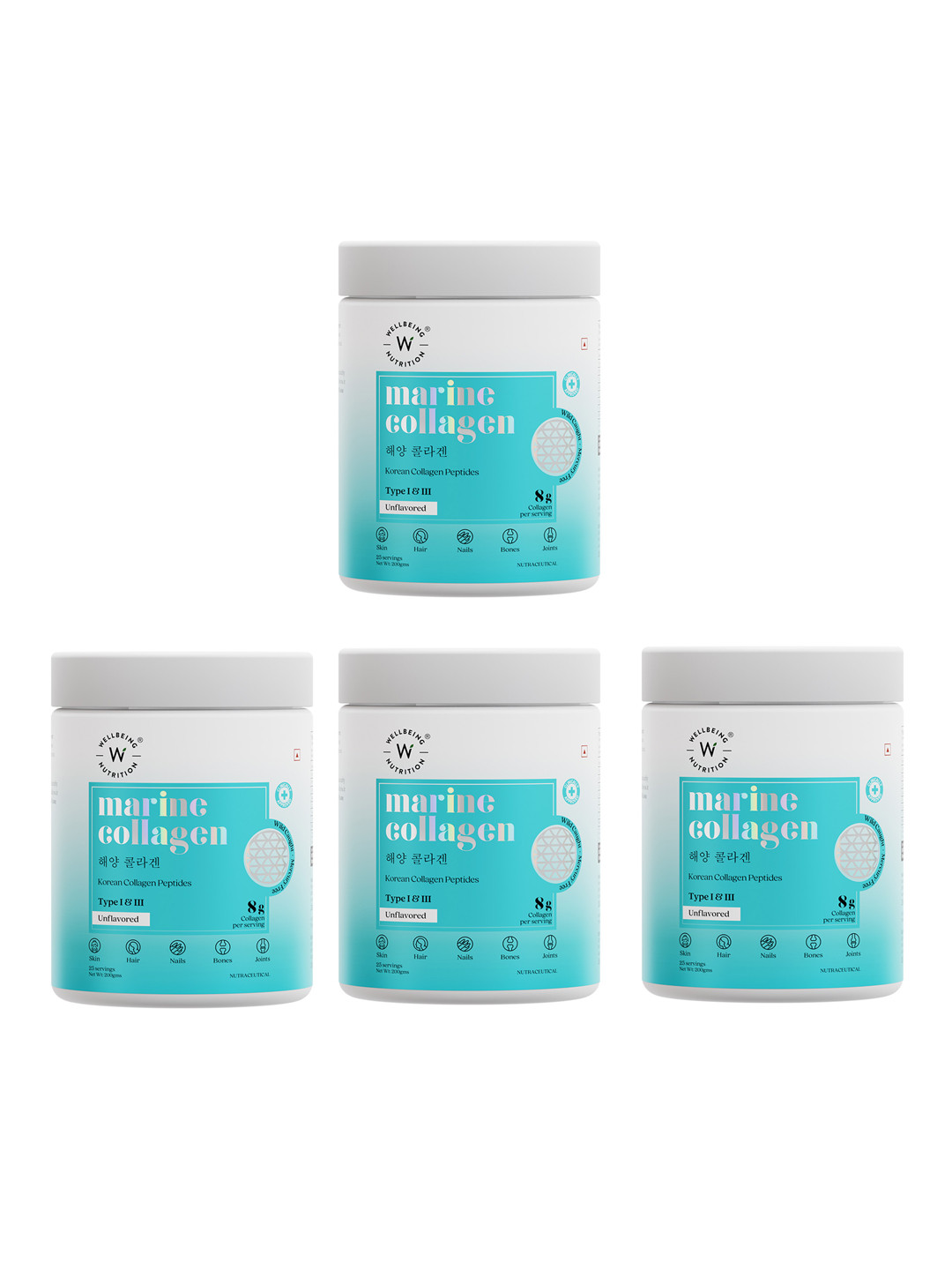 Wellbeing Nutrition Set Of 4 Marine Collagen Peptide Powder For Beauty & Joints- 200g Each