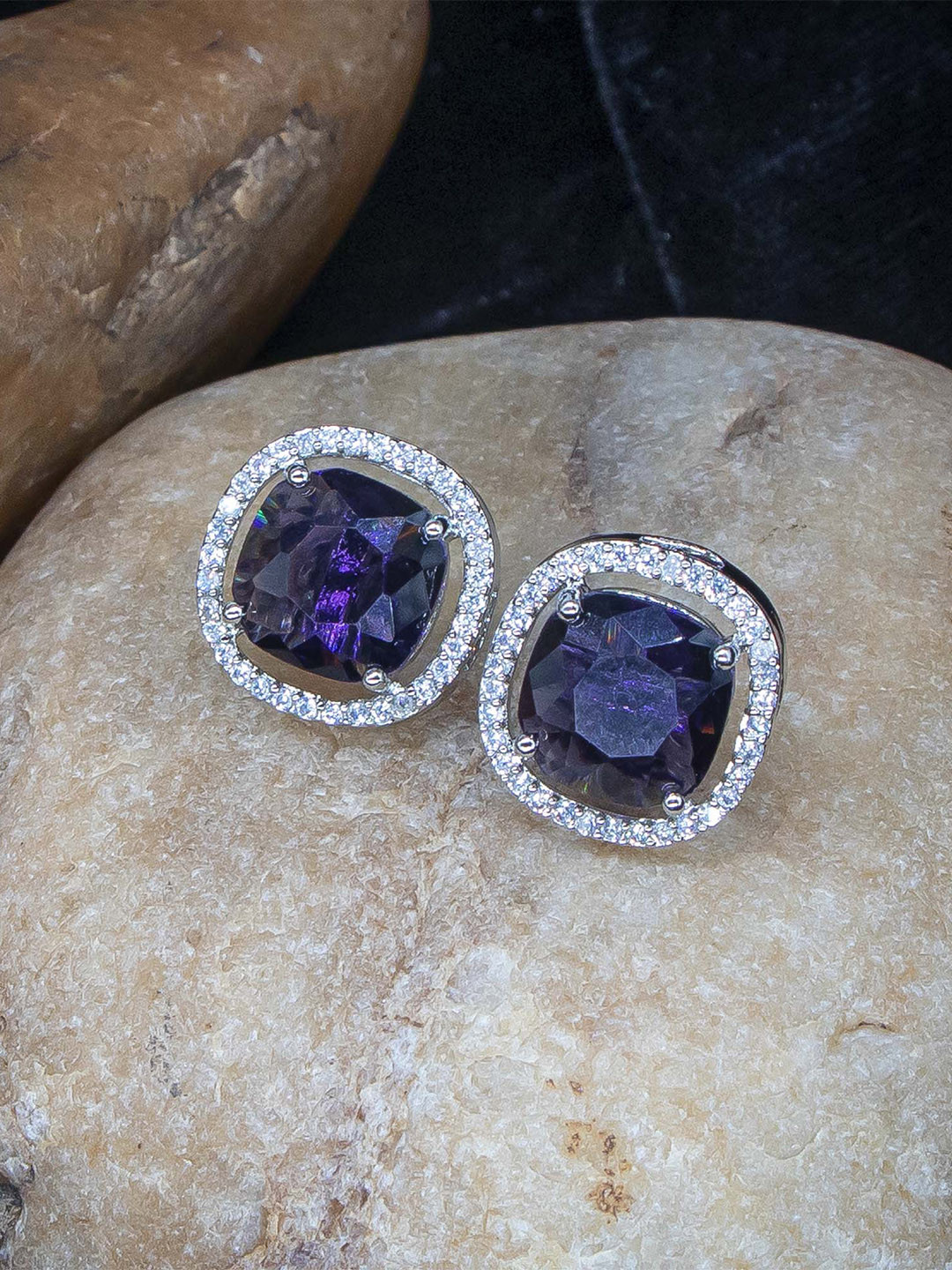 Manikya Rhodium-Plated American Diamond Studded Square Studs Earrings