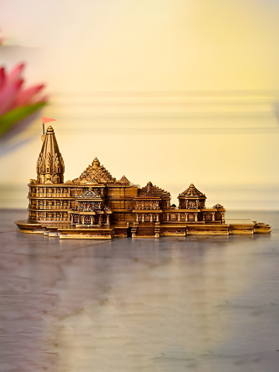 eCraftIndia Ram Mandir Ayodhya Model Brown Polyresin Natural Prayer Room Small Showpiece - 3.7 Inches