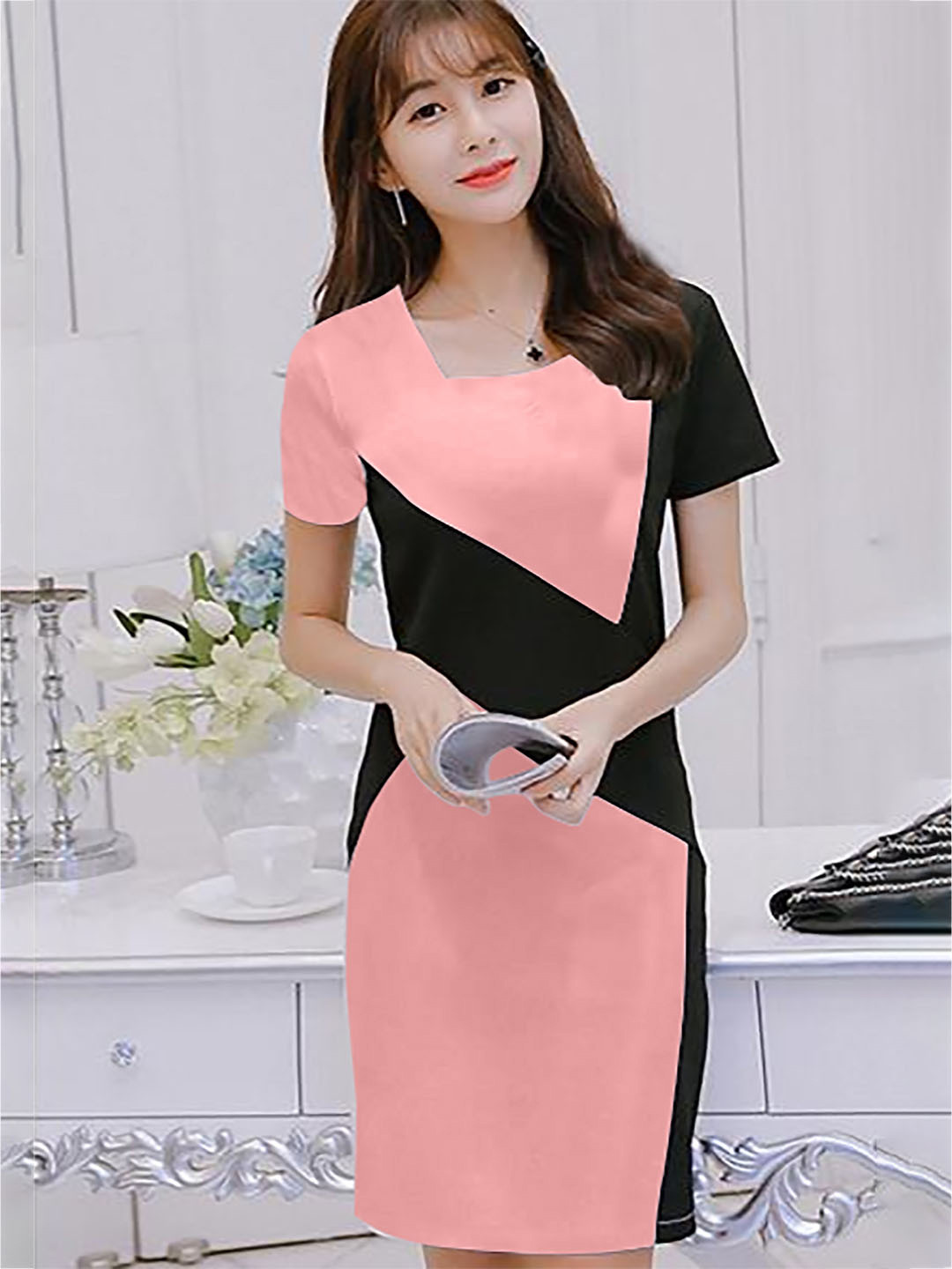Dream Beauty Fashion Colourblocked Square Neck Short Sleeves Sheath Dress
