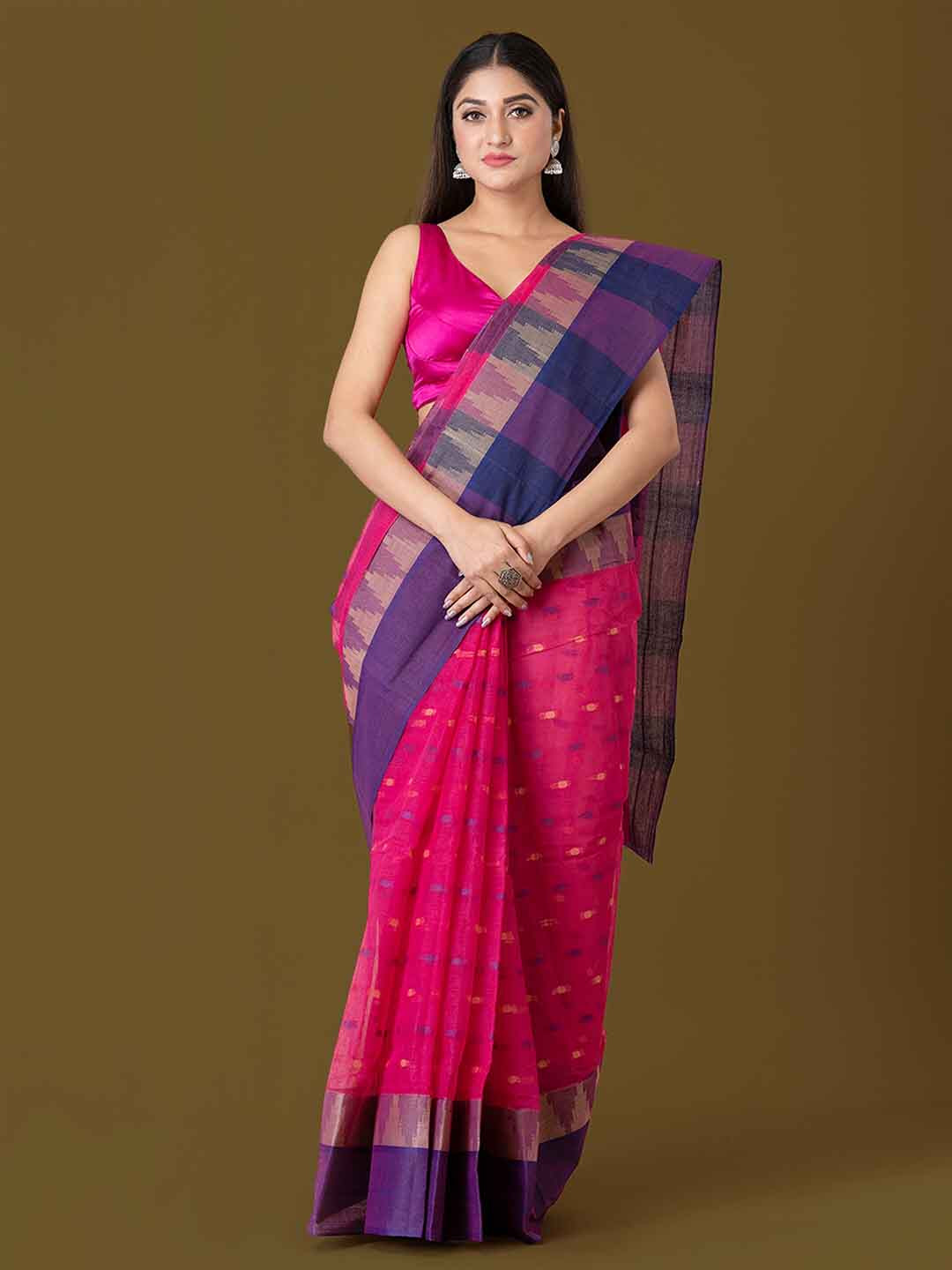 HOUSE OF ARLI Pink & Purple Woven Design Pure Cotton Taant Saree