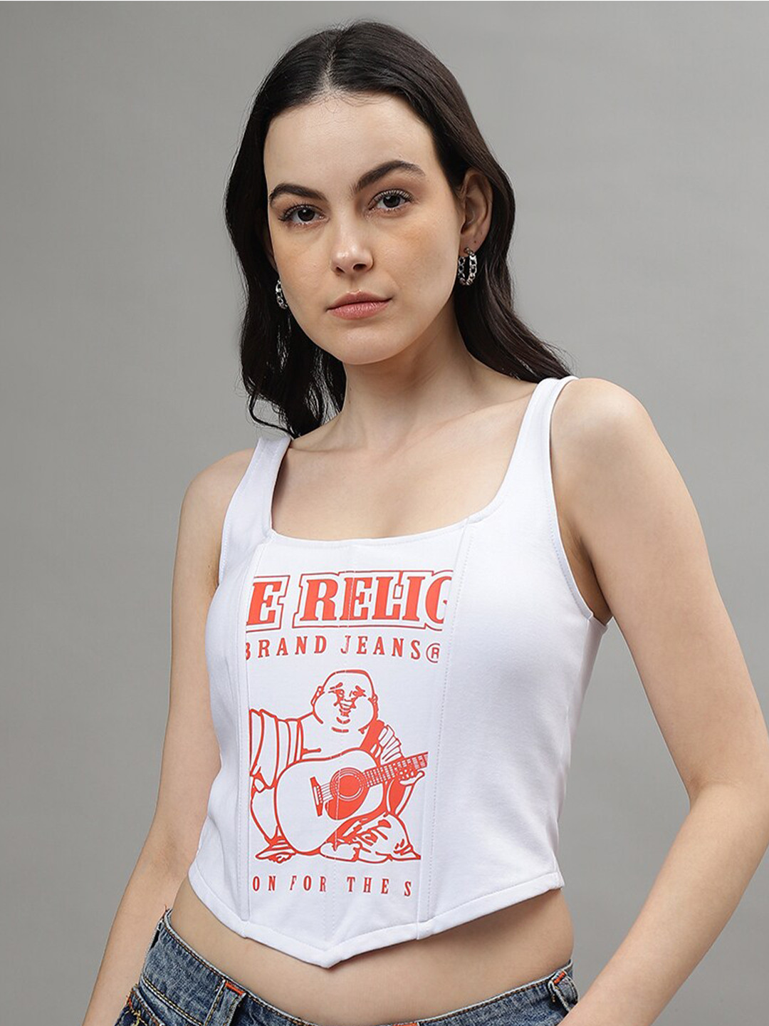True Religion Typography Shoulder Straps Printed Crop Top