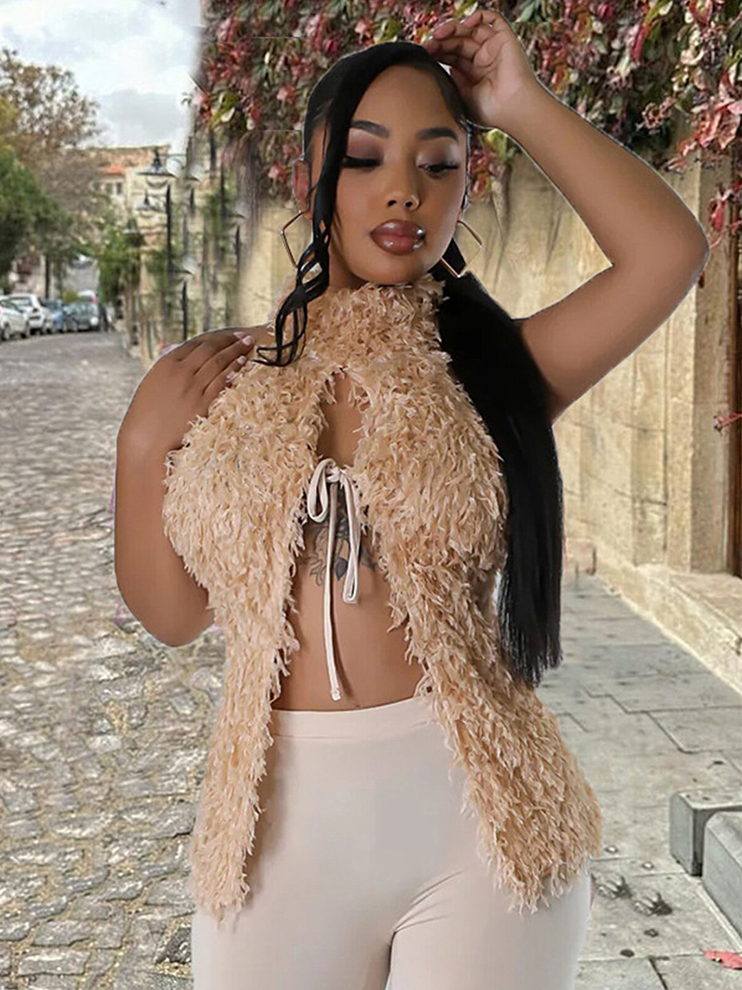 LULU & SKY Tie up Furry Front Slit Apricot Top