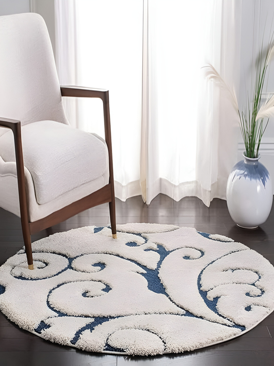 Shopgallery Teal Blue & White Floral Anti-Skid Shaggy Carpet