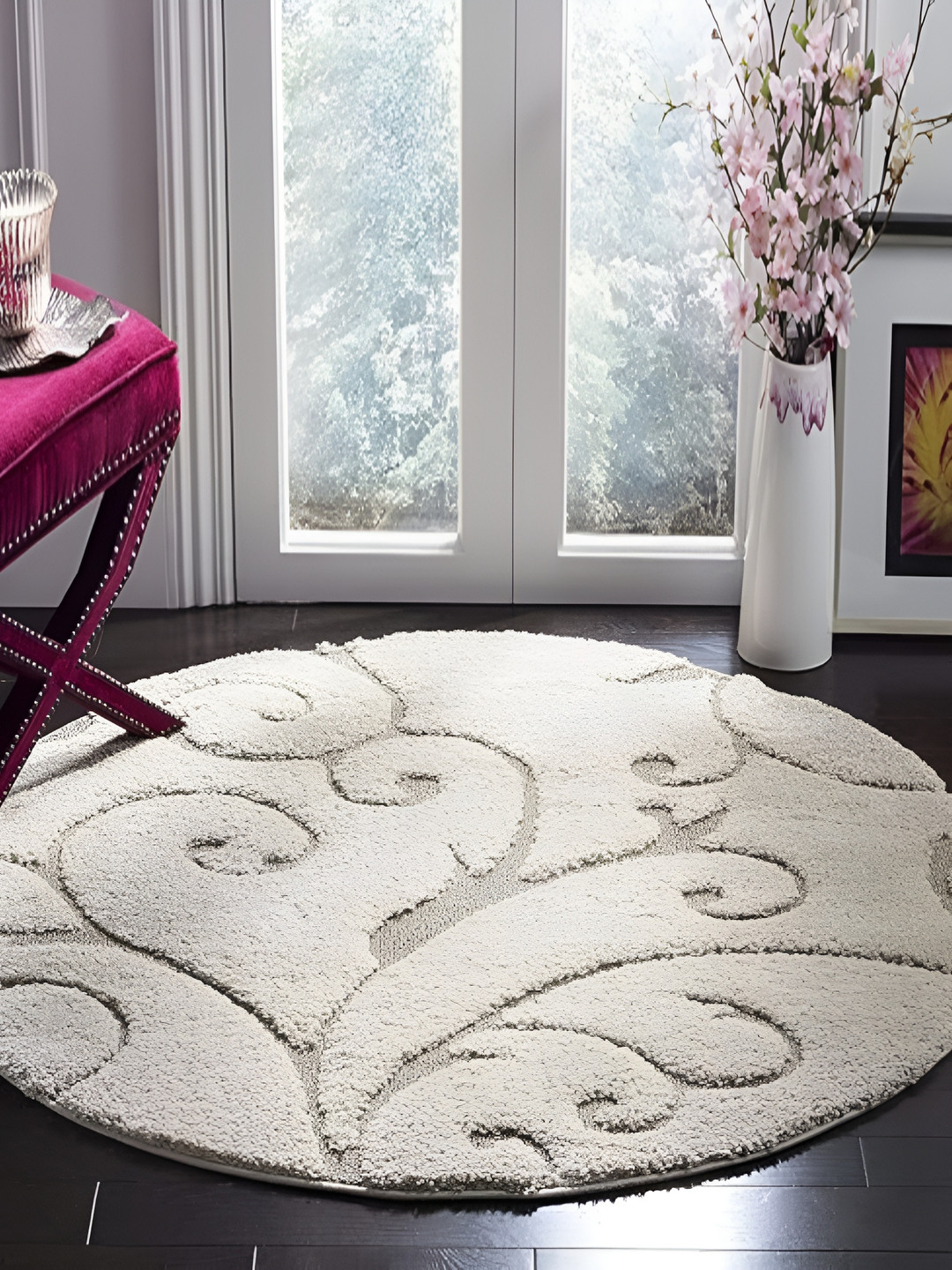 Shopgallery Cream & Beige Floral Anti Skid Shaggy Carpet