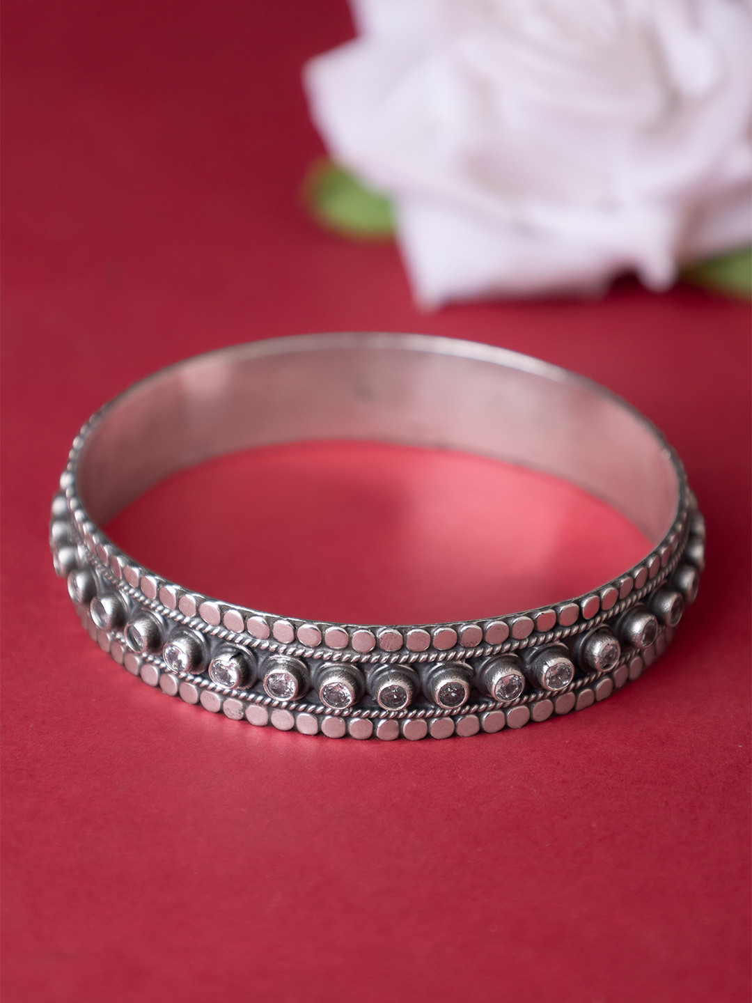 Shyle 925 Sterling Silver Tattva Jadau Zircon Versatile Bangle