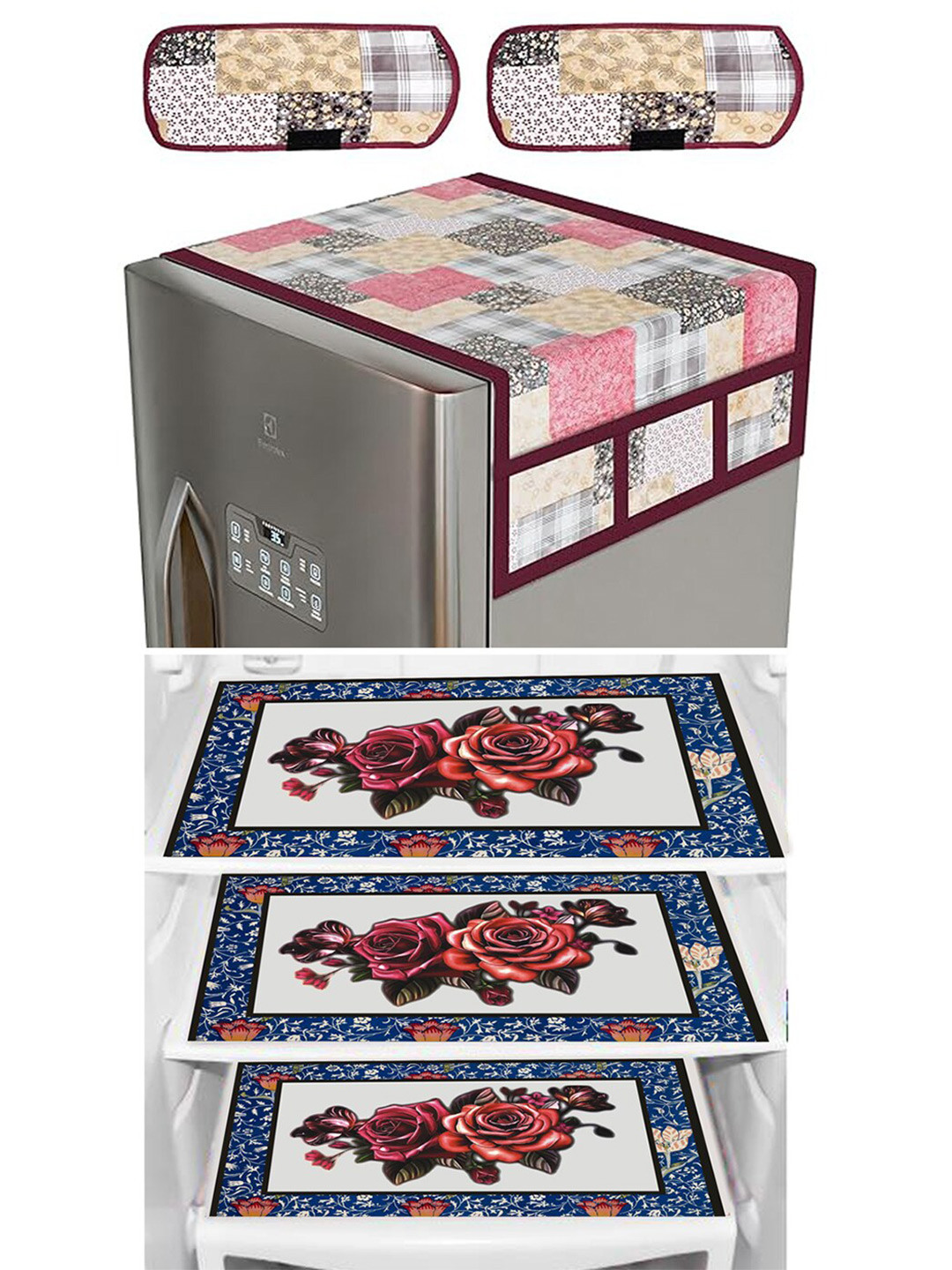 Dakshya Industries 4 pieces Grey & Pink Refrigerator covers & Mats