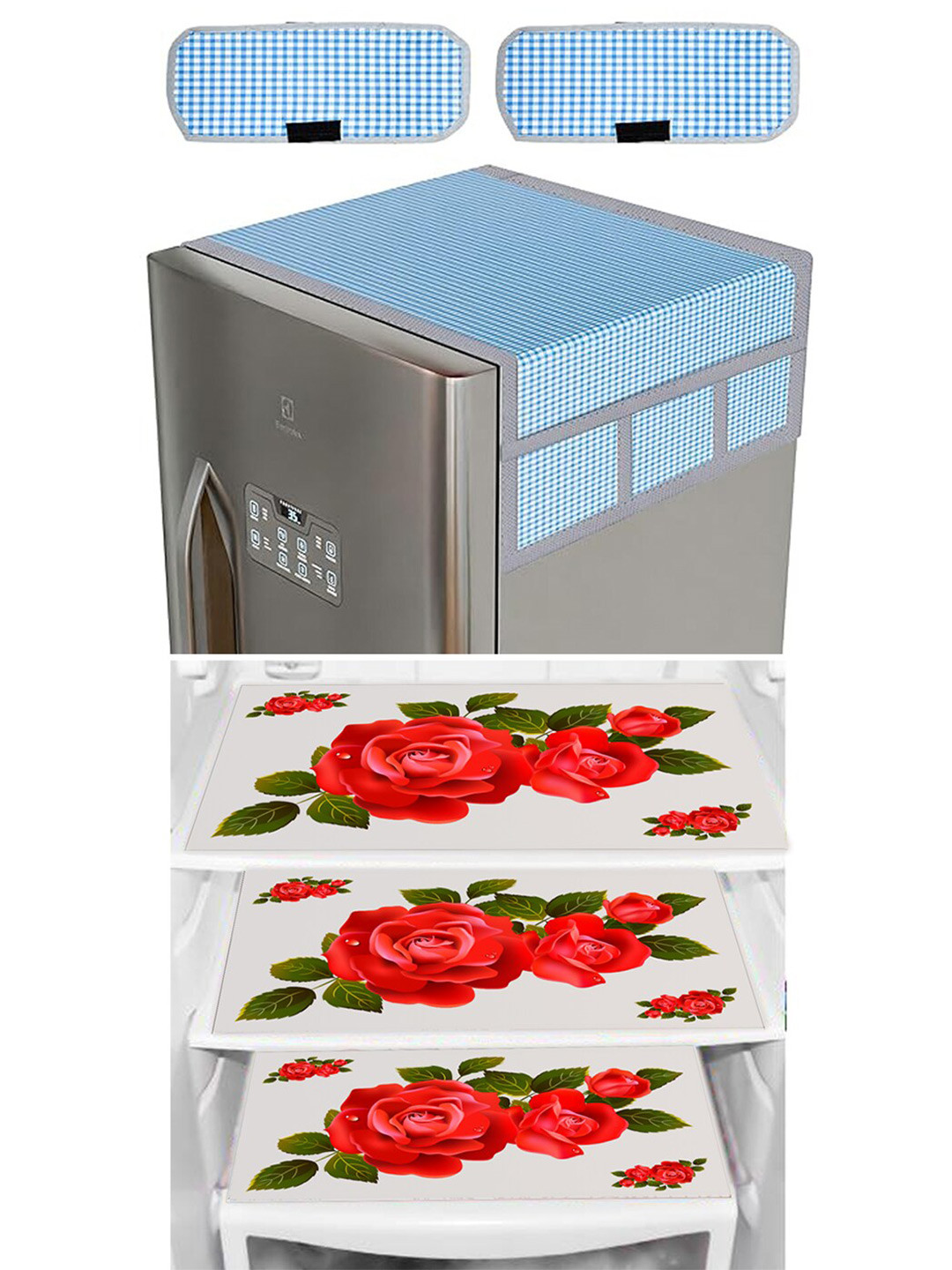 Dakshya Industries Blue & Red 4 Pieces Floral Printed Fridge Cover With Fridge Mats