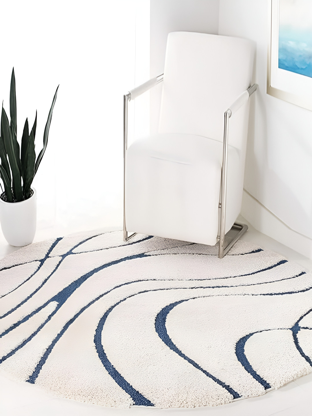 Shopgallery Teal Blue & Off White Abstract Anti-Skid Shaggy Carpet