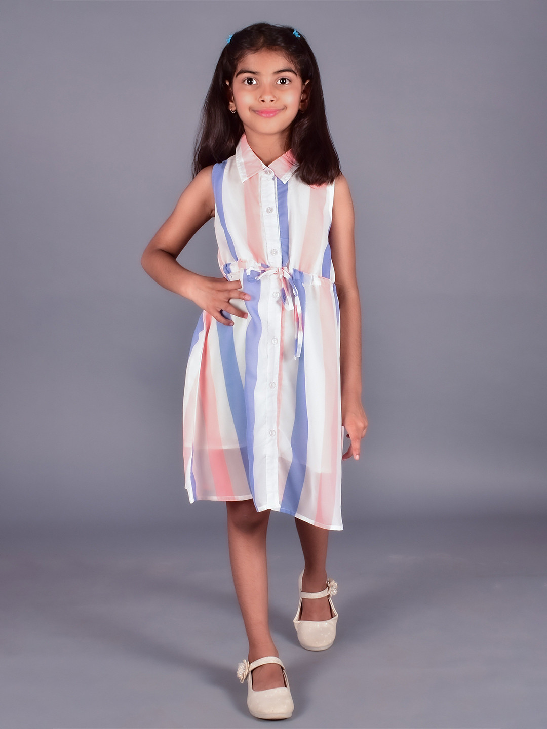 BAESD Girls Striped Shirt Collar Sleeveless Knee Length Casual Georgette Shirt Dress