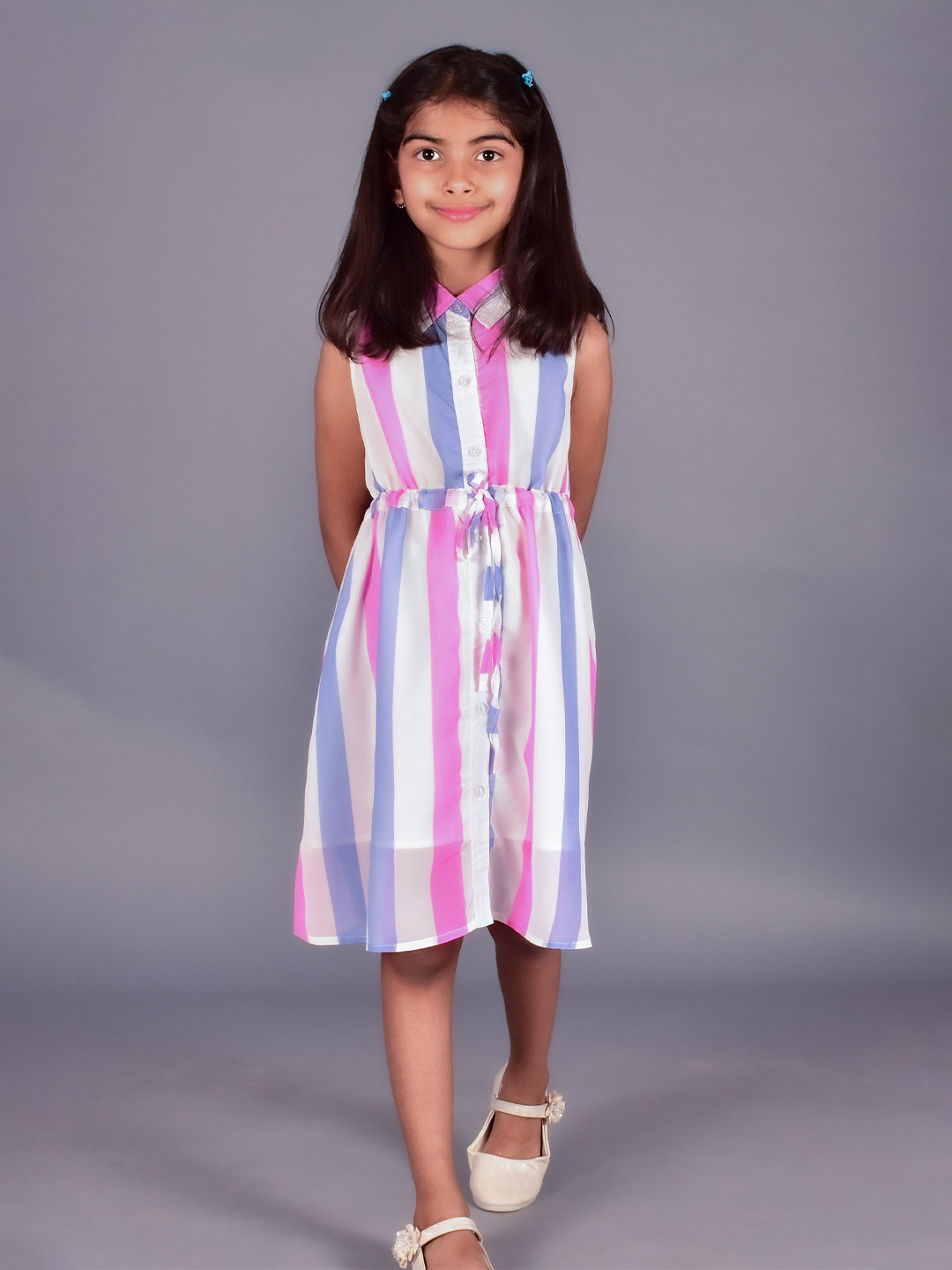 BAESD Girls Striped Shirt Collar Sleeveless Knee Length Casual Georgette Shirt Dress