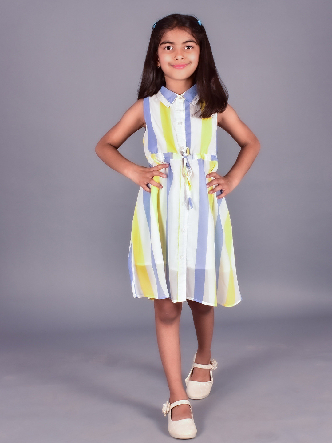 BAESD Girls Striped Shirt Collar Sleeveless Knee Length Casual Georgette Shirt Dress