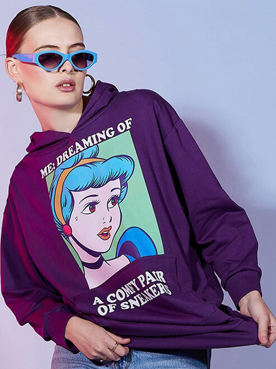 DressBerry Purple Graphic Printed Cotton Pullover Hooded Sweatshirt