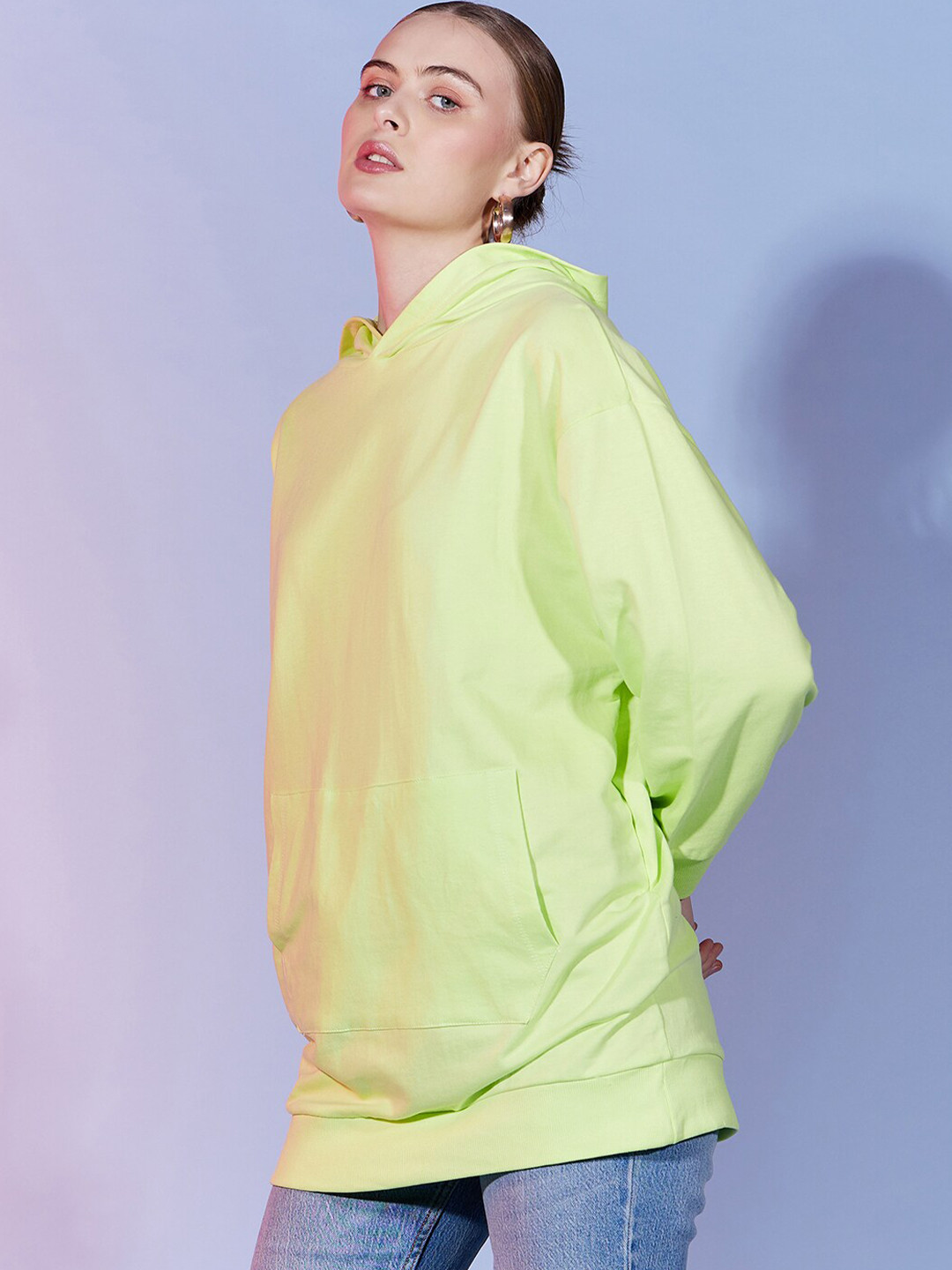Dressberry Basics Fluorescent Green Cotton Hooded Pullover Sweatshirt