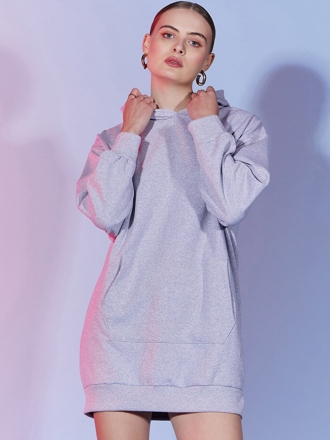 Dressberry Basics Grey Cotton Hooded Pullover Sweatshirt