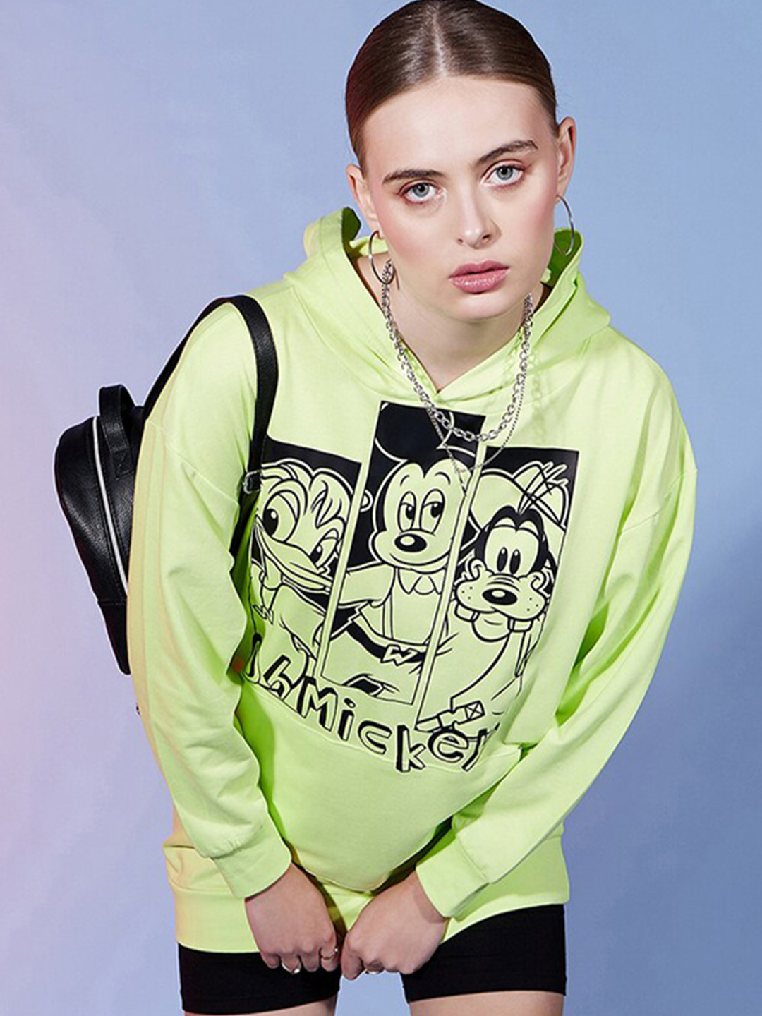 DressBerry Fluorescent Green Printed Hooded Cotton Sweatshirt