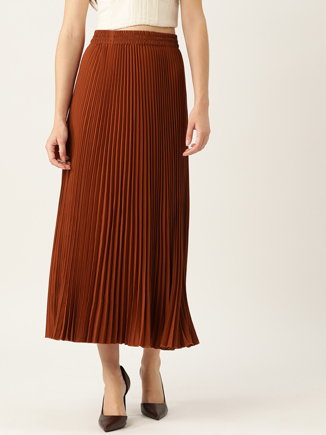 all about you Rust Gathered or Pleated Flared Midi Skirt
