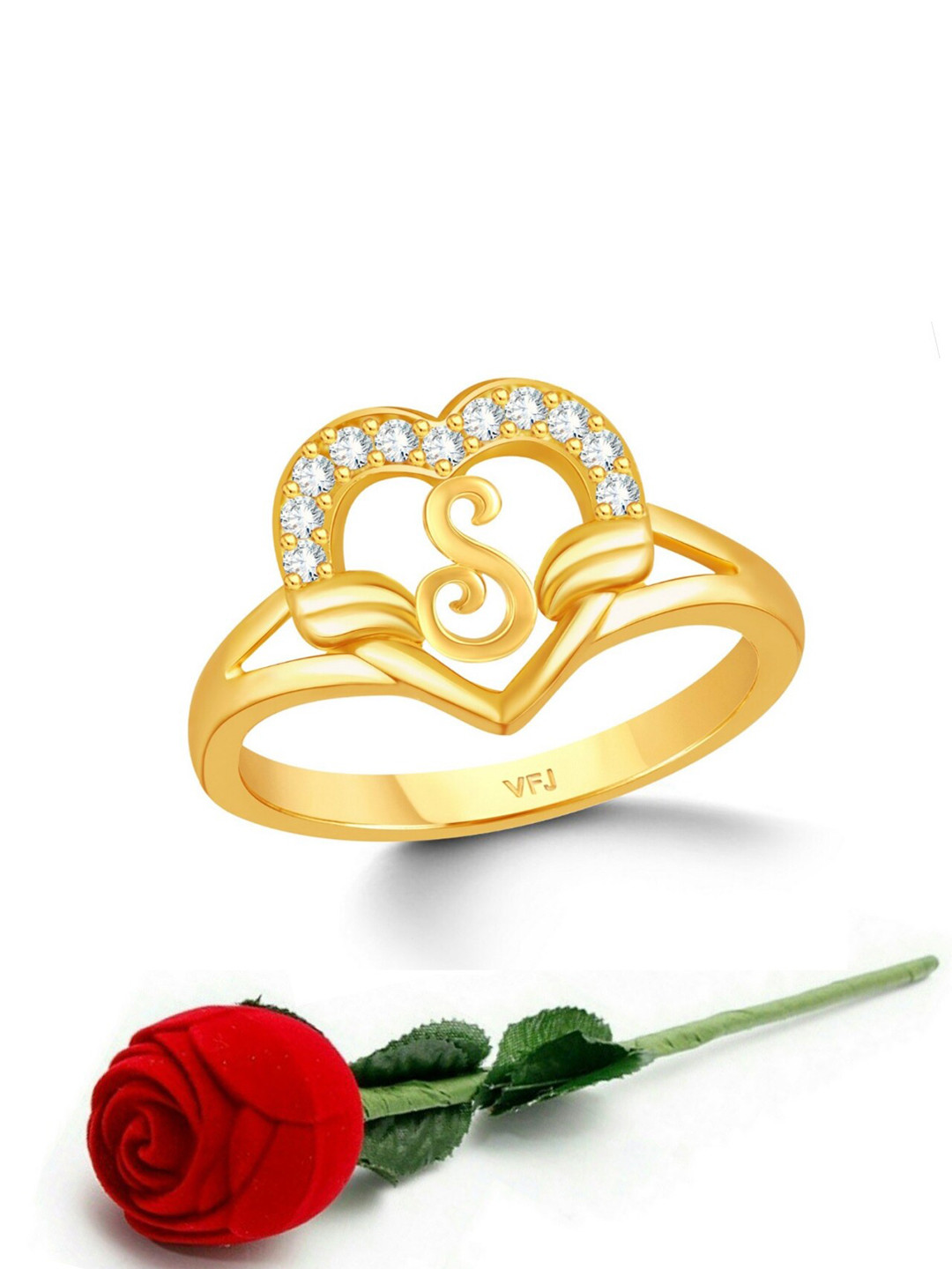 Vighnaharta Gold-Plated CZ-Studded & Alphabet S Finger Ring With Rose Box