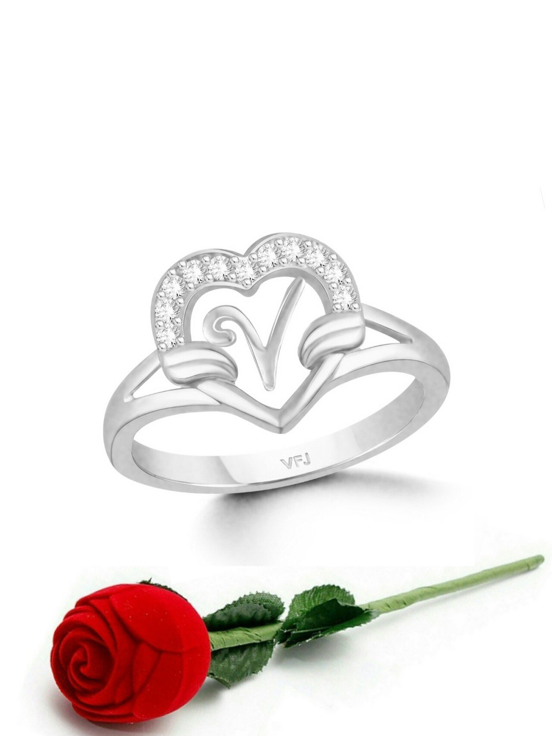 Vighnaharta Rhodium Plated Cubic Zirconia Studded Alphabet V Finger Ring With Rose Box