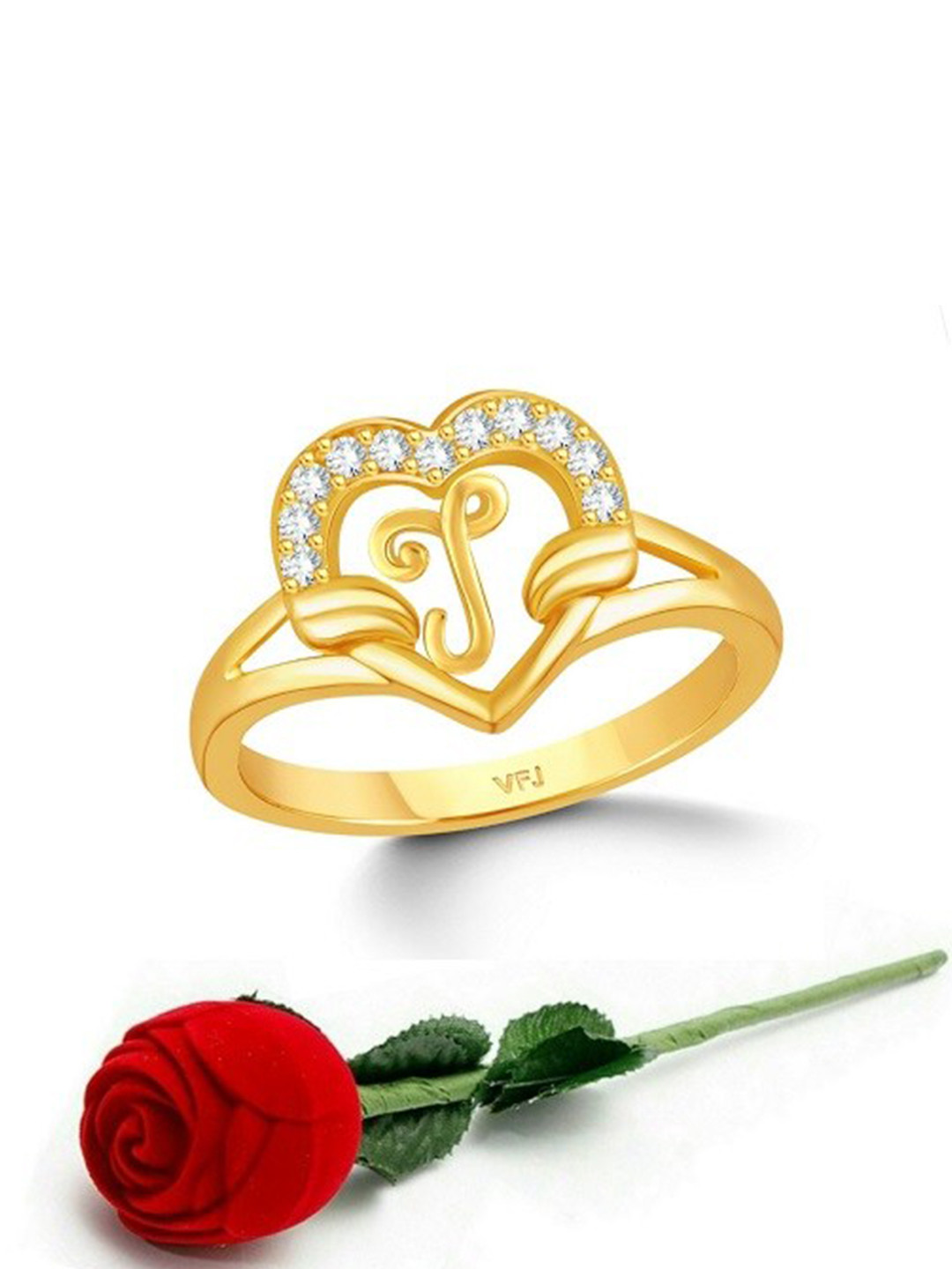 Vighnaharta Gold-Plated CZ-Studded & Alphabet J Finger Ring With Rose Box