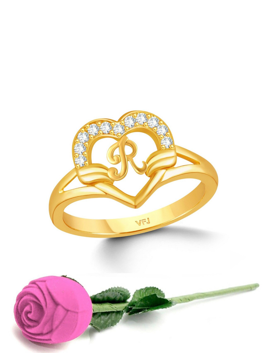 Vighnaharta Gold-Plated CZ-Studded & Alphabet R Finger Ring With Rose Box
