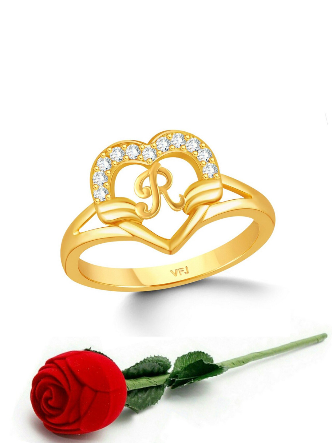 Vighnaharta Gold-Plated CZ-Studded & Alphabet R Finger Ring With Rose Box