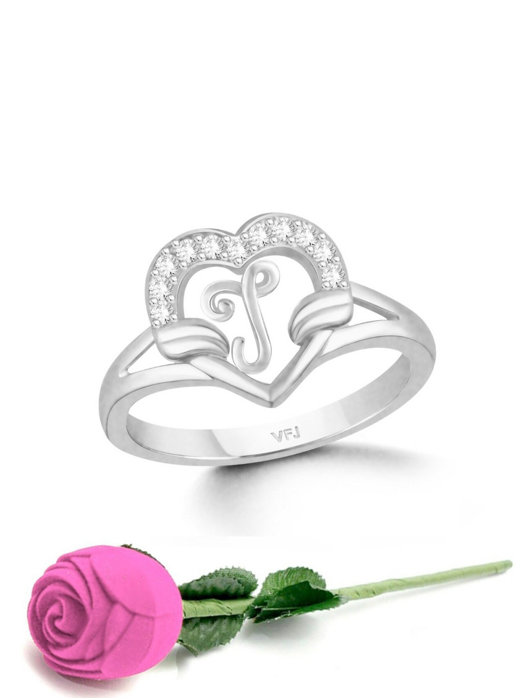 Vighnaharta Rhodium-Plated CZ-Studded & Alphabet J Finger Ring With Rose Box