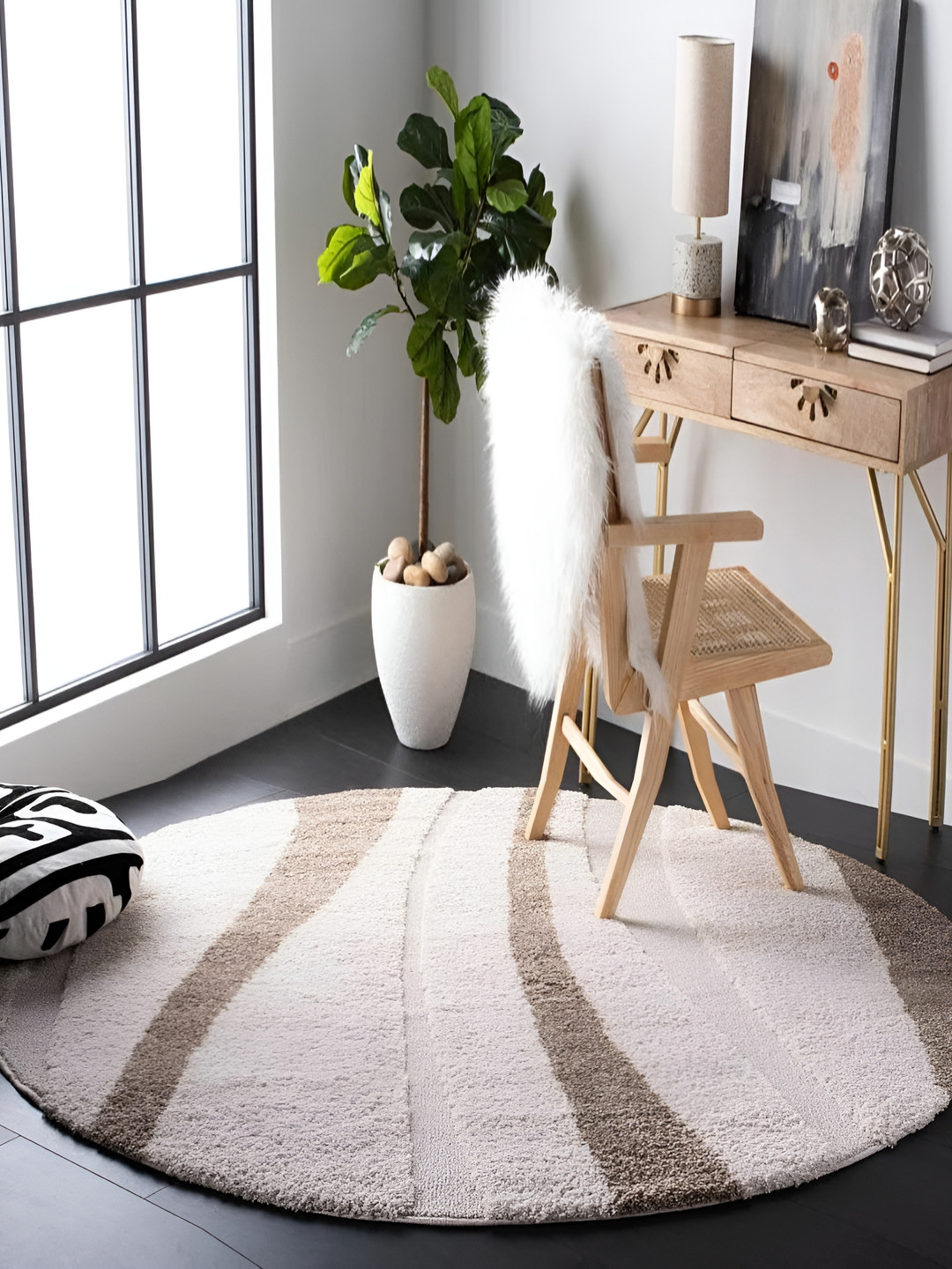 Shopgallery Brown & Cream Abstract Anti Skid Shaggy Carpet