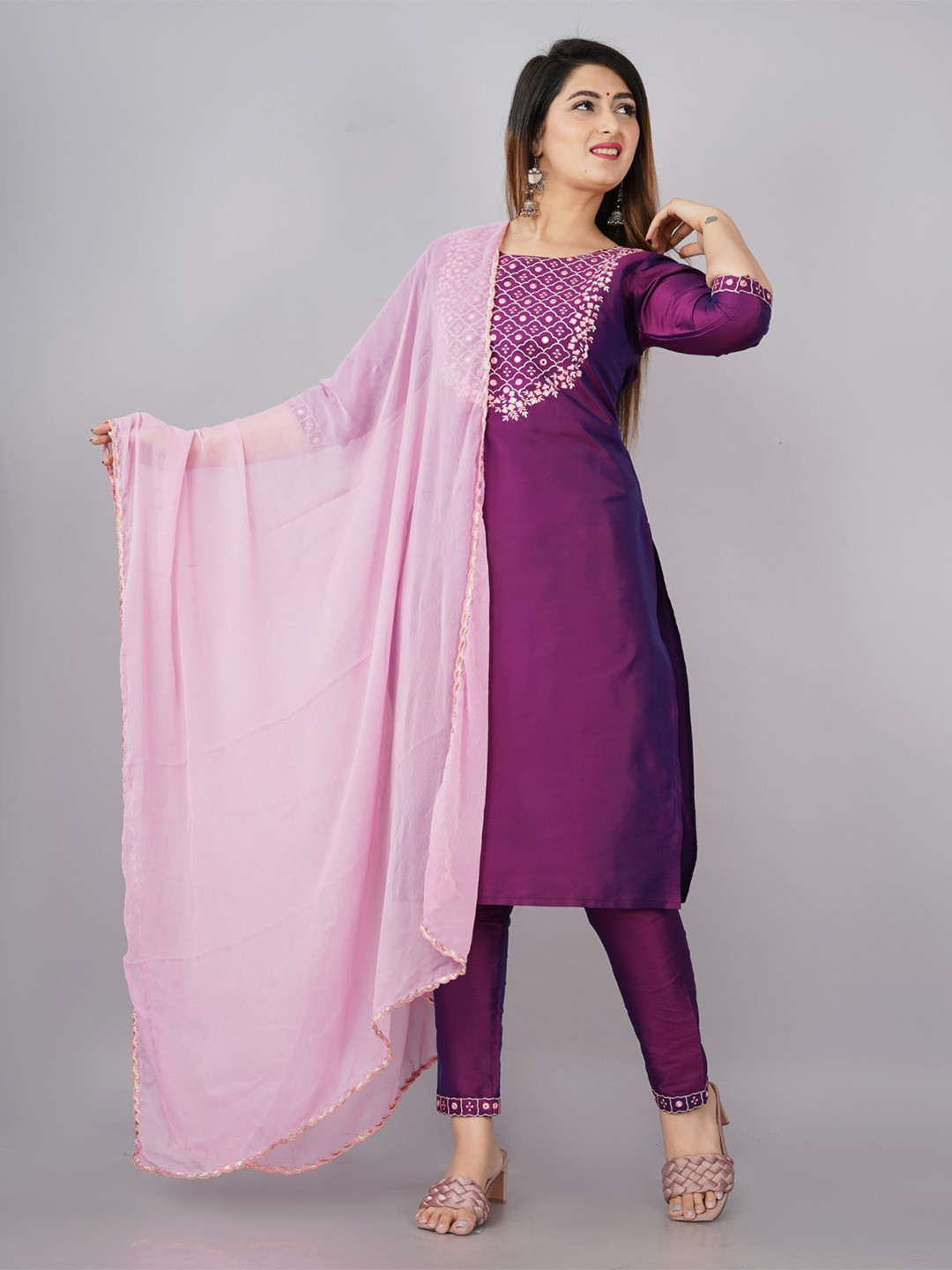 ANJAYA Floral Embroidered Regular Round Neck Mirror Work Kurta With Trousers & Dupatta