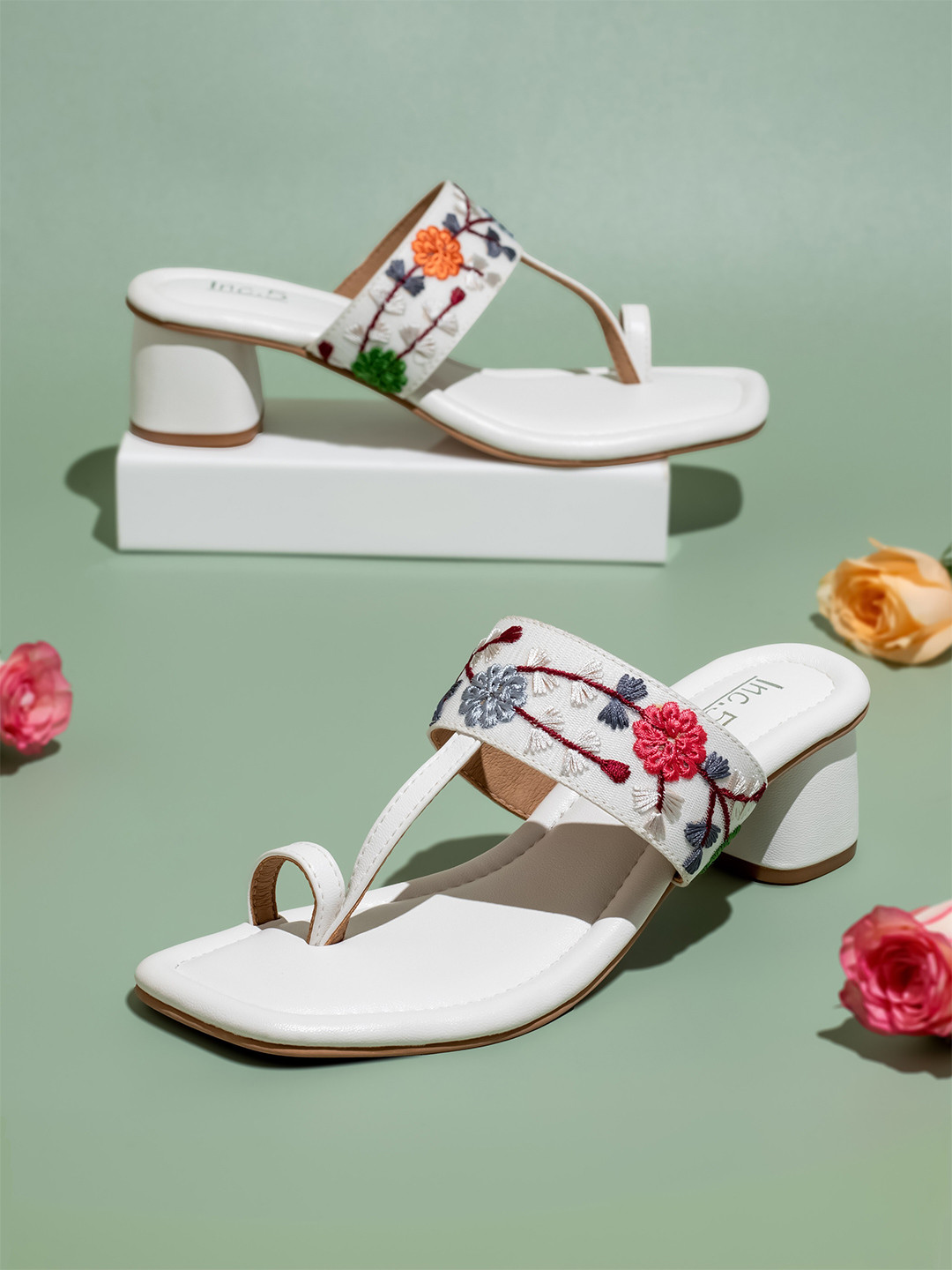 Inc 5 Embroidered Open Toe Block Heels
