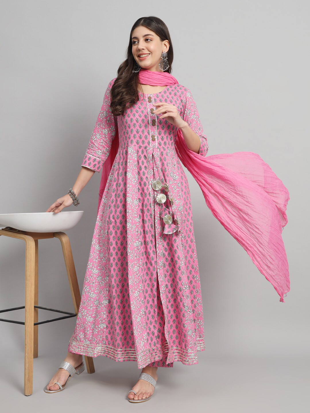 Gujari Floral Printed Anarkali Kurta with Trousers & Dupatta
