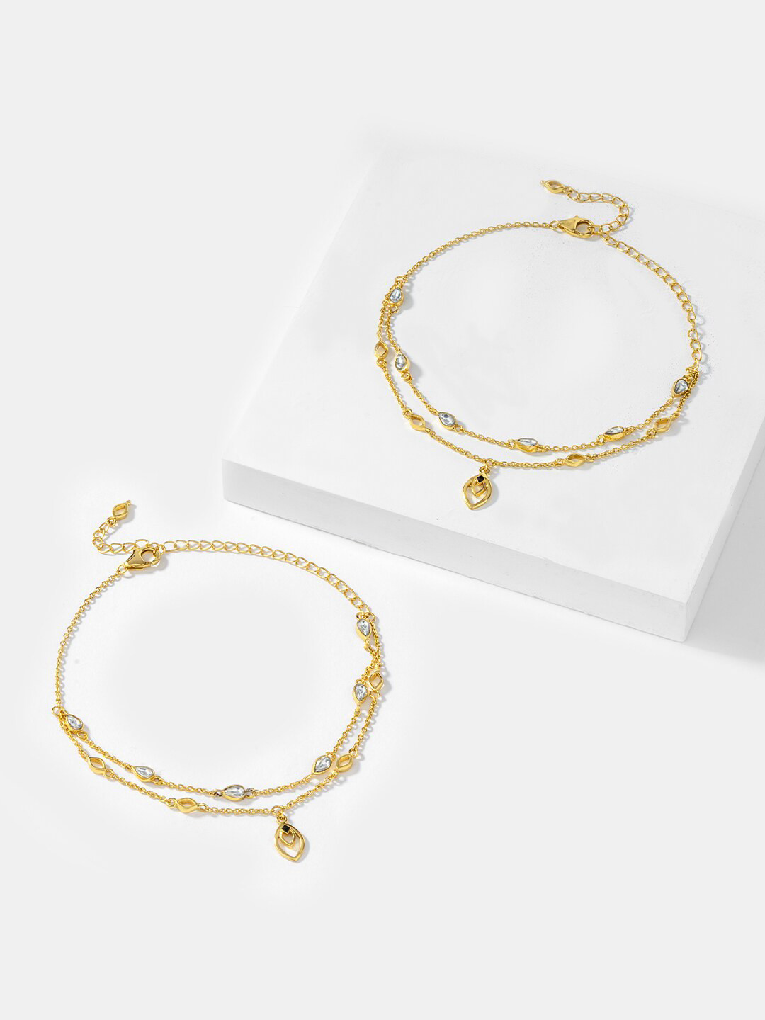 SHAYA Set Of 2 925 Sterling Silver Gold-Plated Stone Studded Anklets