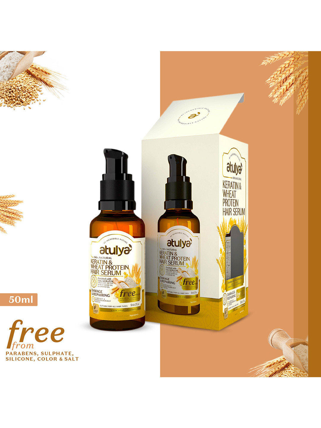 Atulya Natural Keratin & Wheat Protein Hair Serum Rejuvenates Dry Hair - 50ml