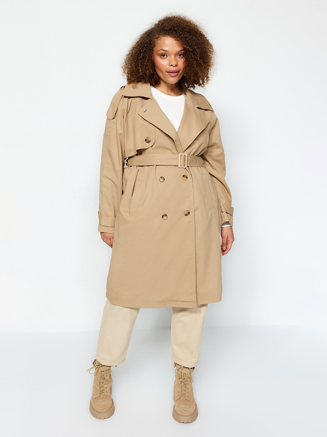 Trendyol Plus Size Notched Lapel Collar Double-Breasted Longline Trench Coat